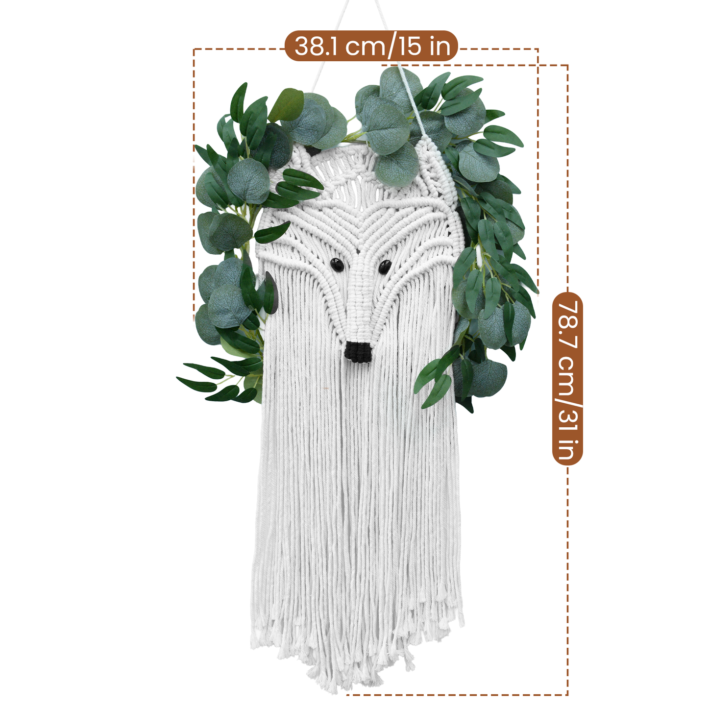 Bohemian Macrame Fox Wall Hanging - 100% Cotton Hand-Woven Tapestry with Leaf Accents, Perfect for Bedroom, Living Room, Hallway & Gallery Decor, 31×15 Inch, White