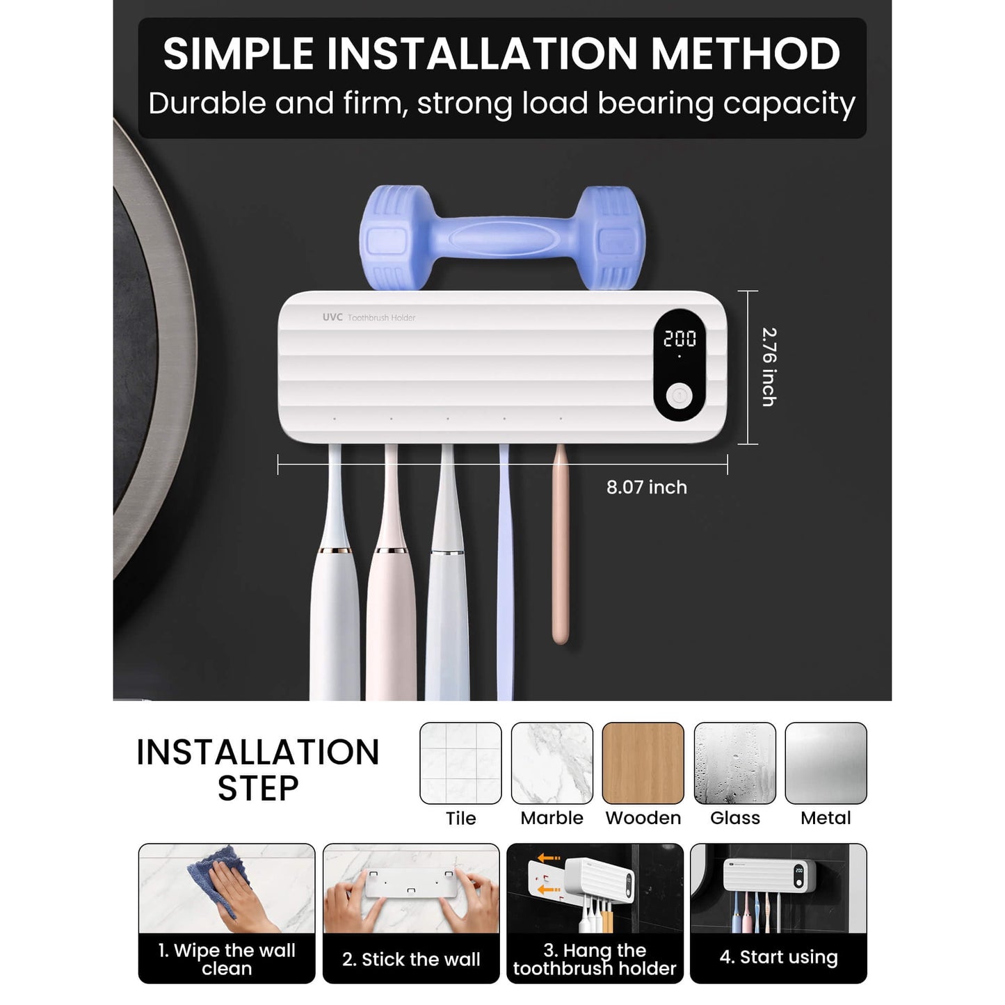 Sentryse Toothbrush Holders for Bathrooms, Electric Toothbrush Holder Wall Mounted with 5 Brush Slots Bathroom Accessories