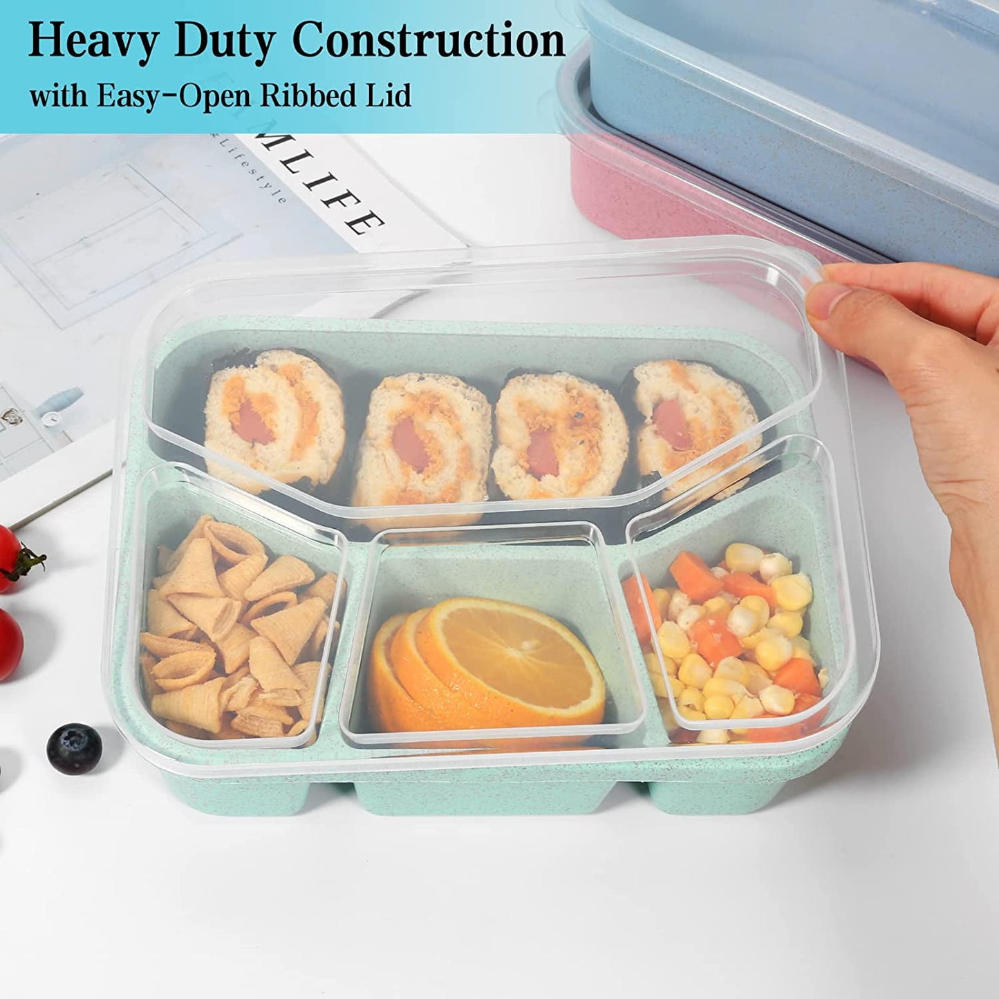 Bento Lunch Boxes, 4Pcs Reusable Bento Box with 4-Compartment for Meal Prep,Snack Containers with Lid, Microwave Dishwasher Safe (4-Color)