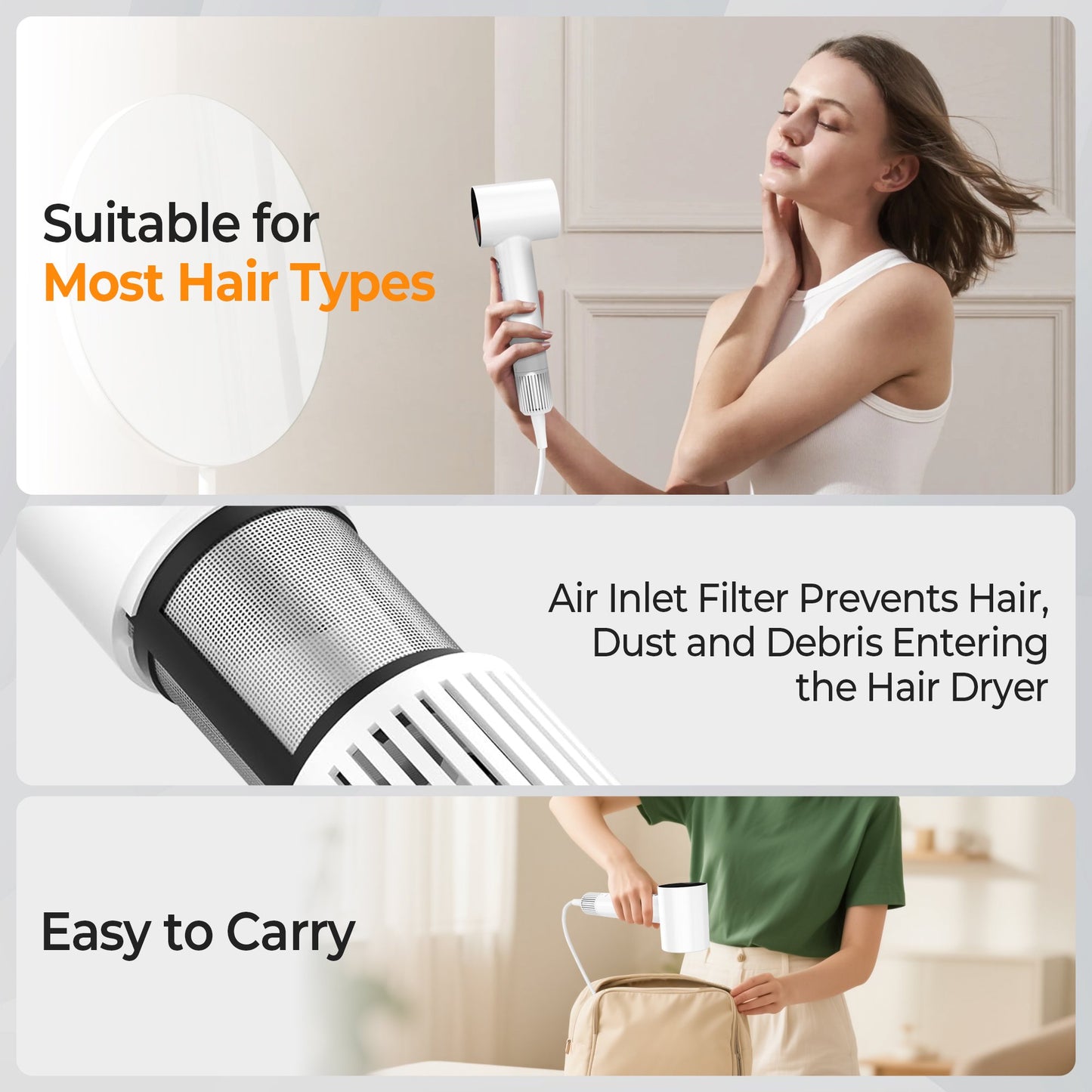 Professional Ionic Hair Dryer with Nozzle, 110000RPM Fast Drying Blow Dryer, 2-speed and 4-Heat Settings, Portable Design for Home and Travel