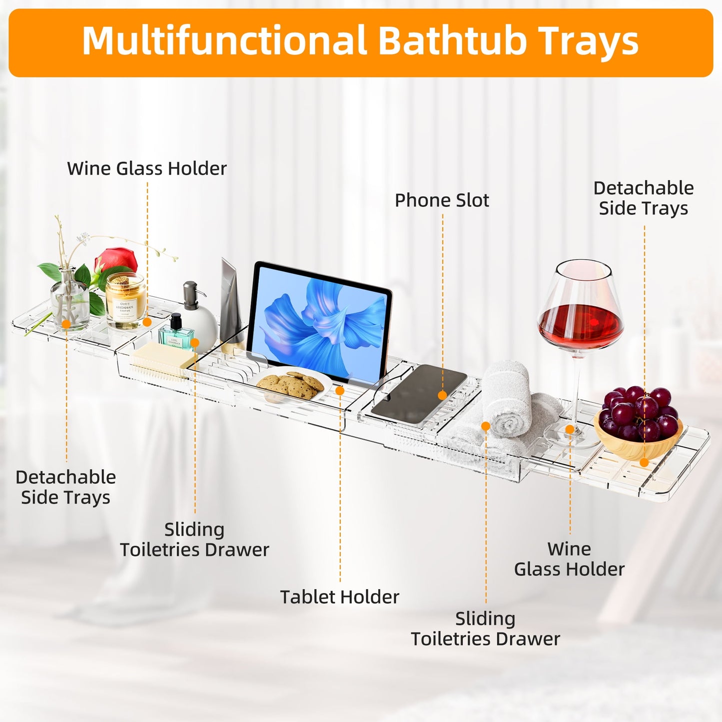 Expandable Acrylic Bath Caddy, Bath Shelf for Bathtubs, Bath Tray with Tablet Holder & Wine Glass Slot - Perfect for Luxury Bathroom Spa Experience