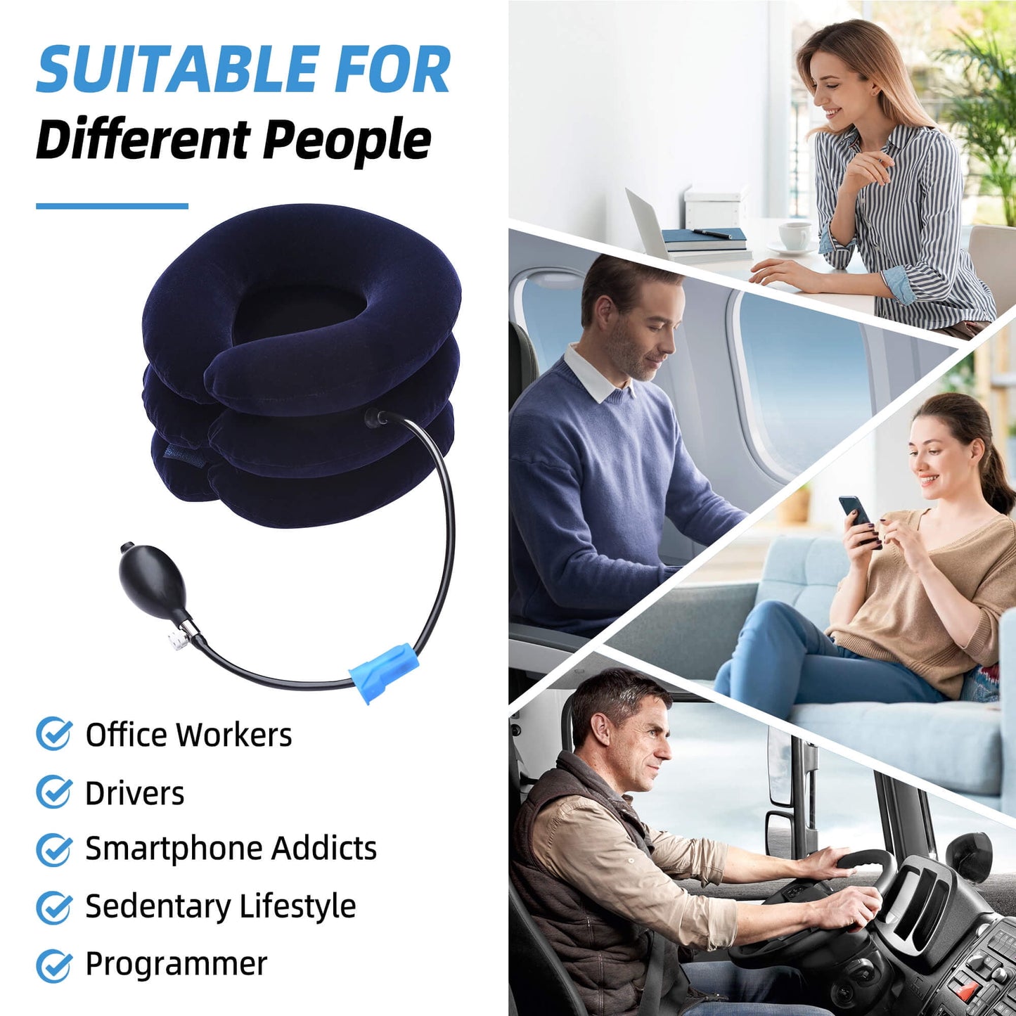 Sentryse Neck Stretcher for Pain Relief, Cervical Neck Traction Device, Adjustable Inflatable Neck Brace, Neck Traction Pillow for Home Use Neck Decompression, Blue