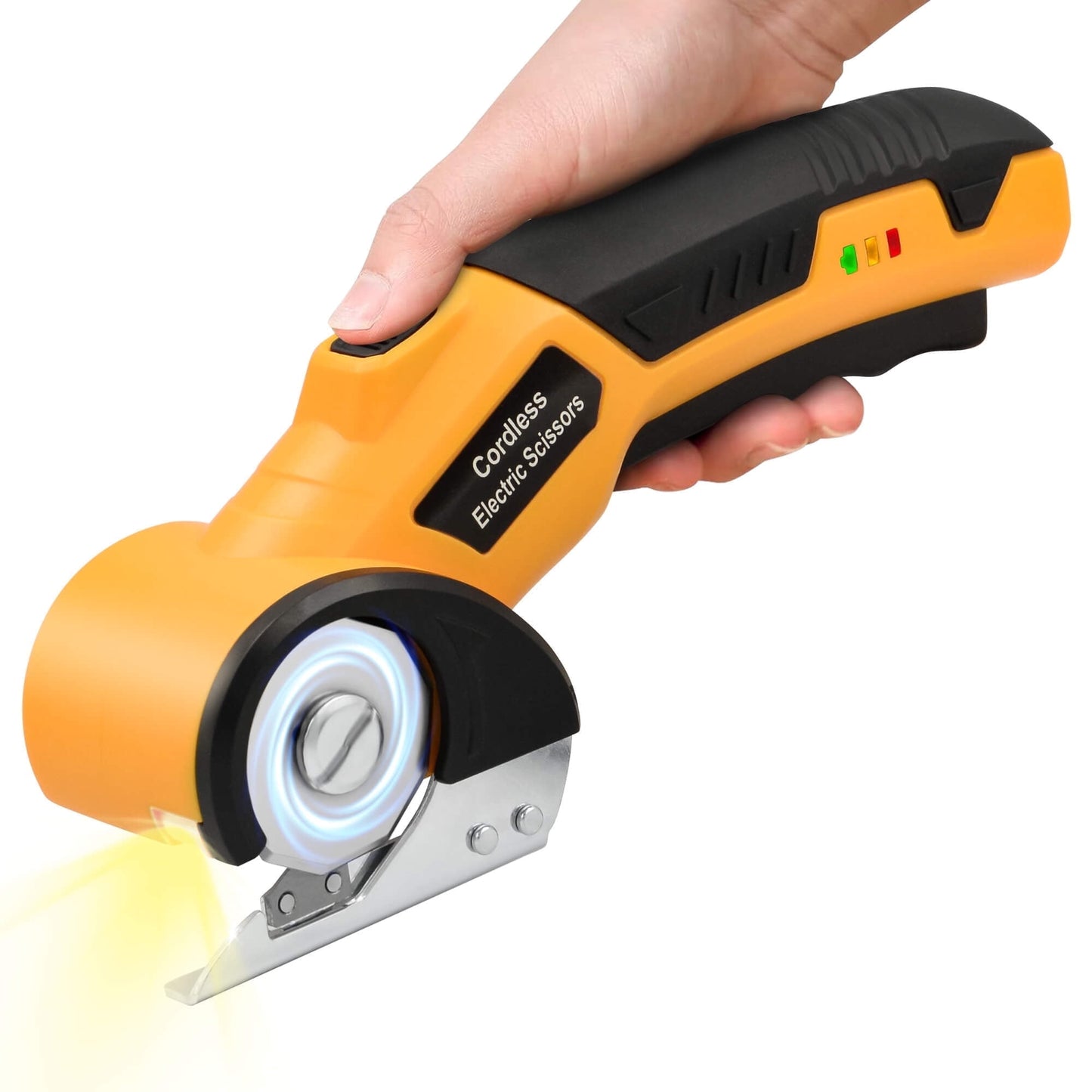 Cordless Electric Scissors, 4V Rechargeable Cardboard Cutter with LED Light & Replacement Blade, Rotary Cutter with Safety Lock for Fabric Carpet Leather Plastic Cutting (Yellow)