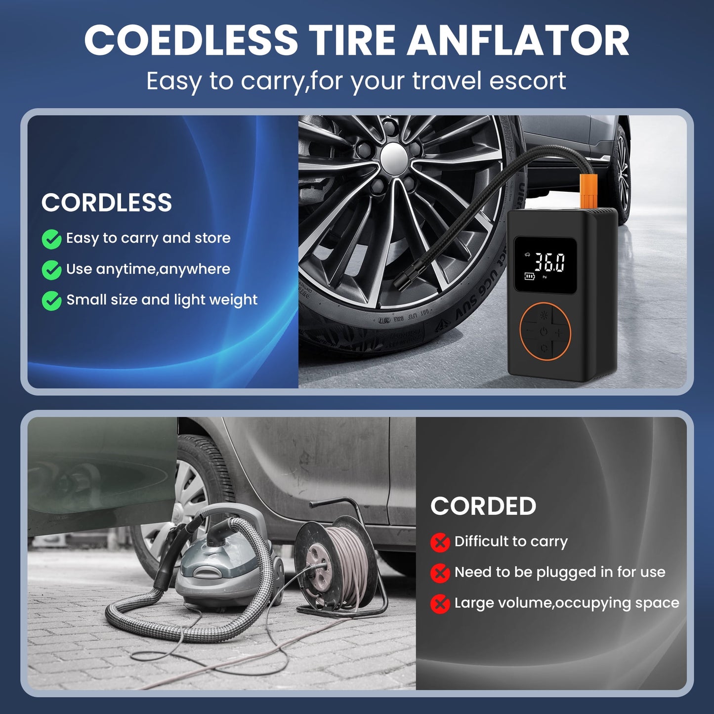 Cordless Tire Inflator Portable 150 Psi Air Compressor Tire Pumps for Car, Bicycle