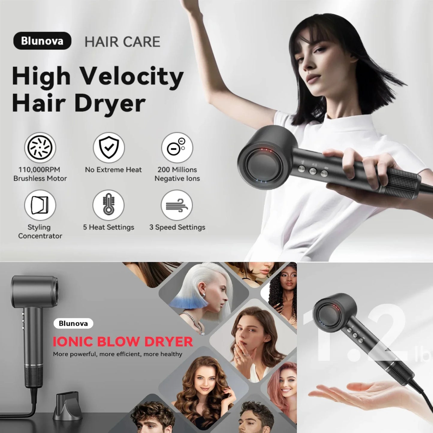 Professional High Speed Ionic Hair Dryer with Magnetic Nozzle, Fast Drying, Low Noise