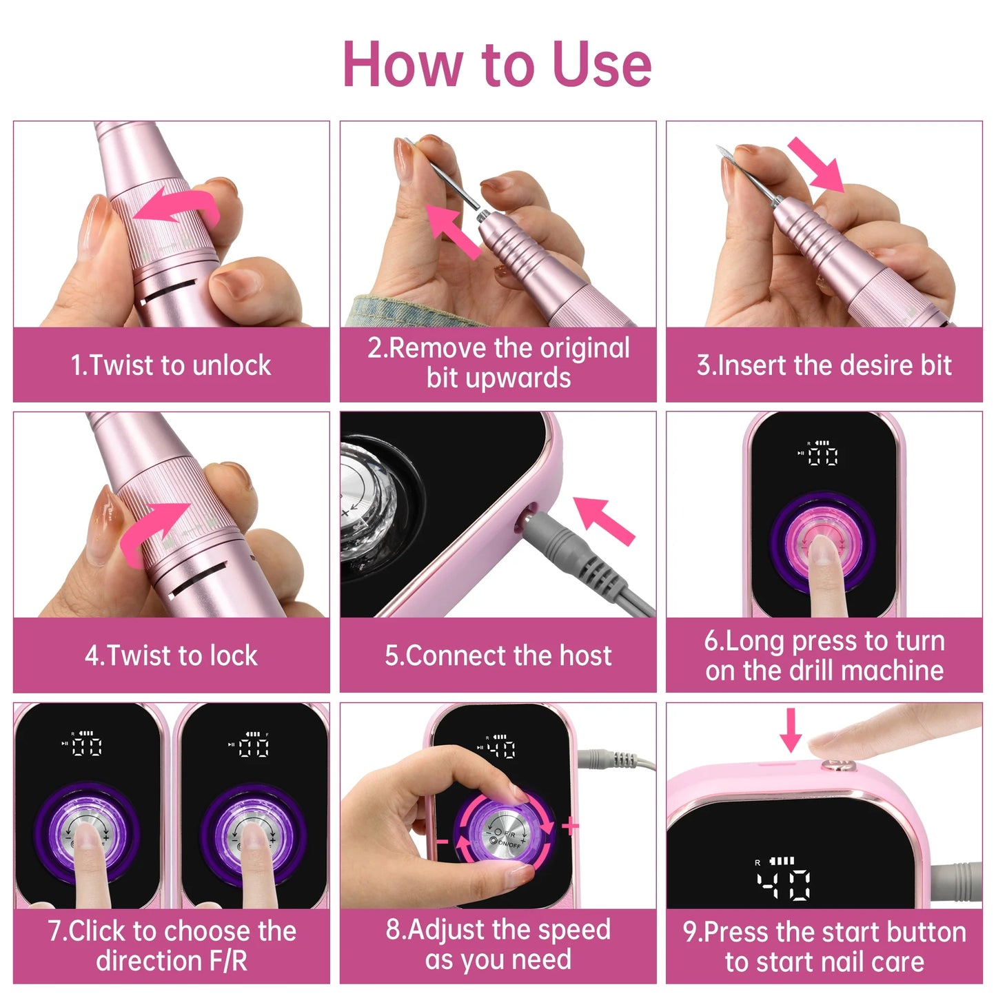 Sentryse Electric Nail Drill Machine 45000RPM Professional Rechargeable Nail File with LCD Display & Base & 7 Bits, Nail Drill Kit for Manicure, Pedicure, Acrylic Nails Gel Polishing, Pink