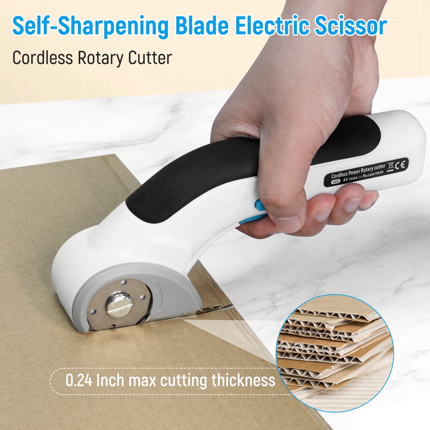 Tidymend Cordless Electric Scissors, 4V Rechargeable Cardboard Cutter with Tungsten Steel Replacement Blade, Rotary Cutter with Safety Lock for Fabric Carpet Leather Plastic Cutting (White)