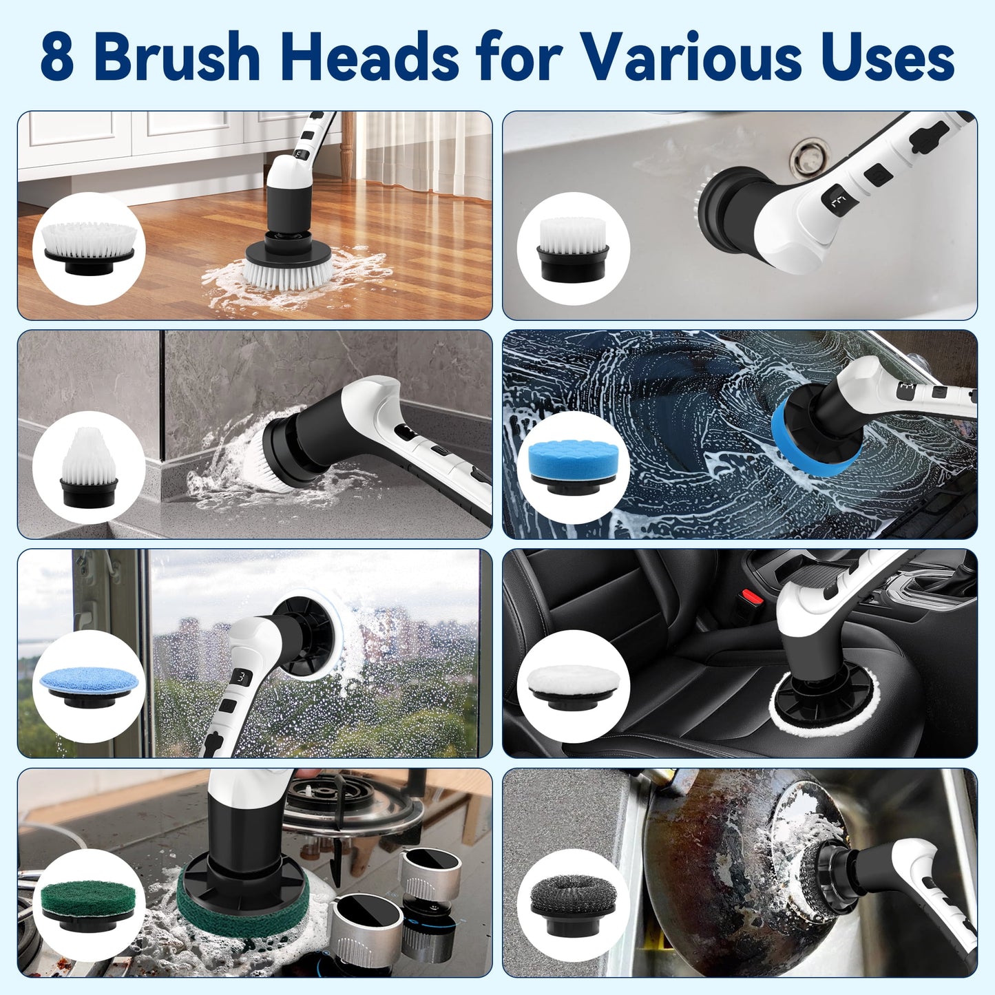 Electric Spin Scrubber, Extension Handle, 3 Speed Mode Power Electric Scrubber for Cleaning, Cordless Shower Cleaning Brush with 8 Brush Heads for Bathroom,Tub,Floor,Tile(Black-White)