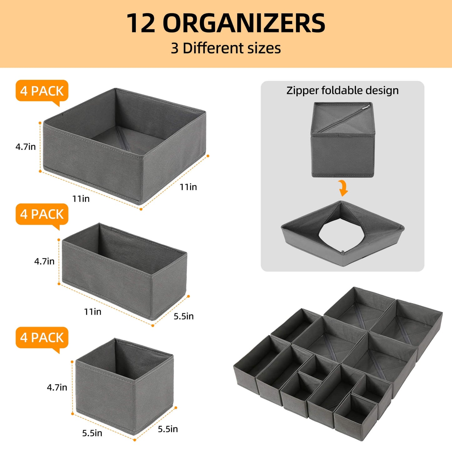 Sentryse Drawer Organizer for Clothes, Dresser Drawer Organizer, 12 Pack, Gray