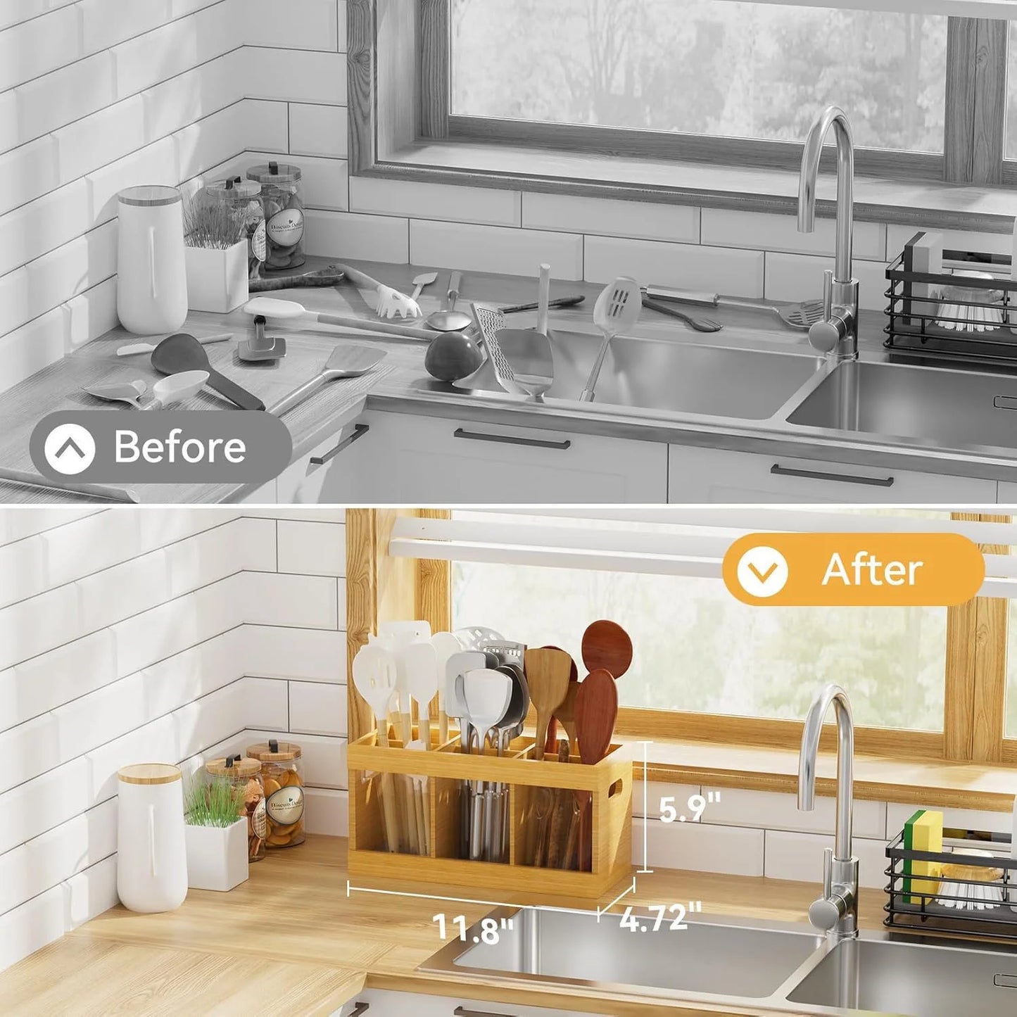 Sentryse Extra Large Kitchen Utensil Holder with 8 Compartments, Wooden Utensil Holder for Kitchen Counter, Cooking Utensils Organizer with Quick Dry Diatomite Base, Acacia Rustic Wood