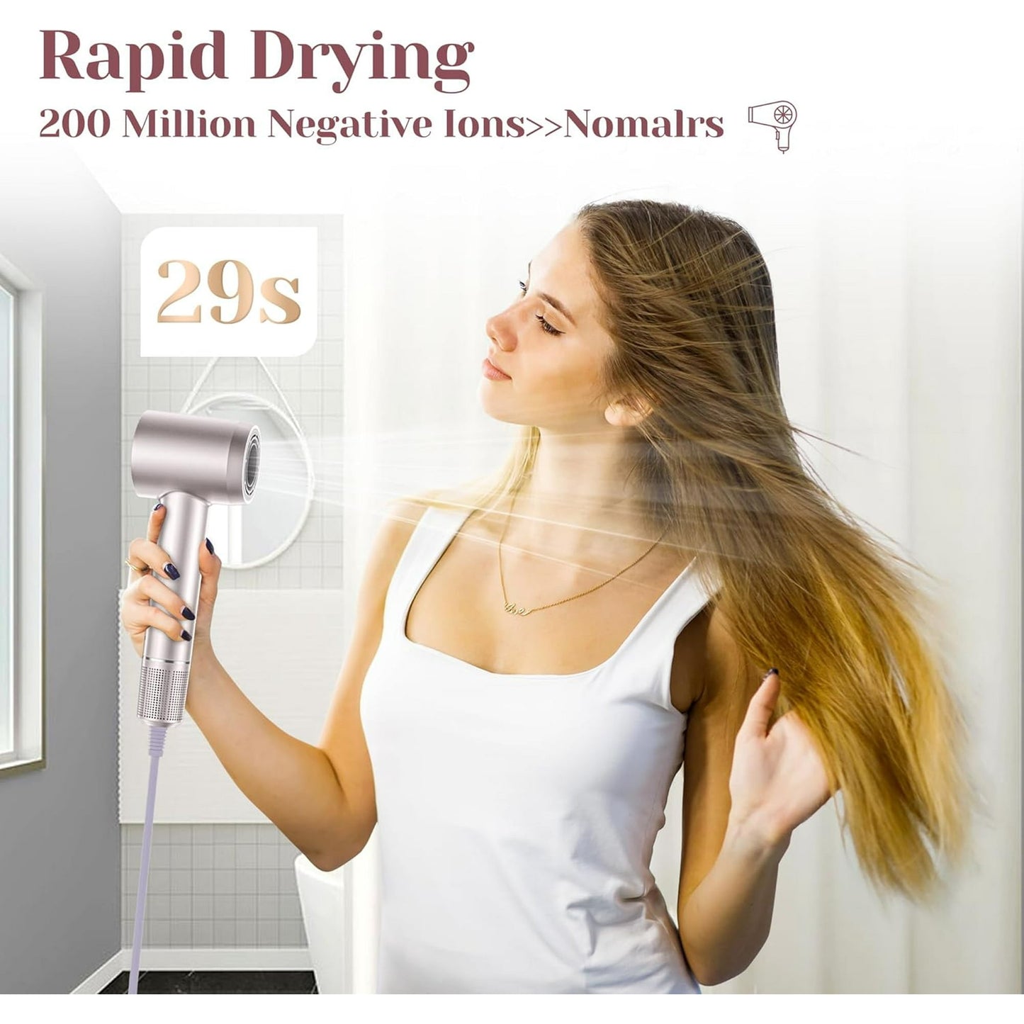 Hair Dryer, 110,000RPM High Speed Motor for Fast Drying, Low Noise Thermal Control Hair Dryer, Negative Ionic Blow Dryer for Women and Men (Rose Gold)