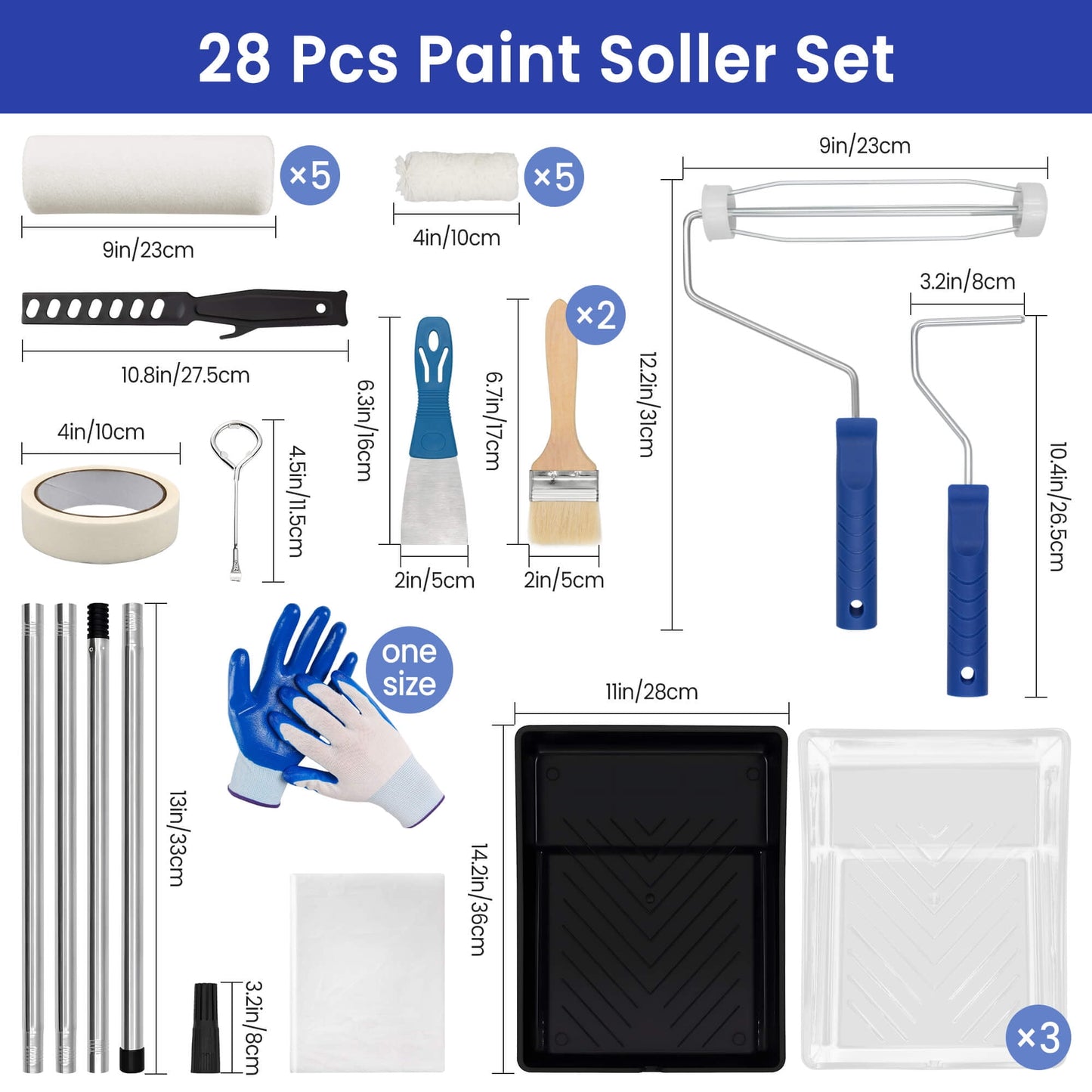 Tidymend Paint Roller Kit, 28 Pcs Paint Rollers with Extension Pole, Roller Paint Brush for Painting Walls