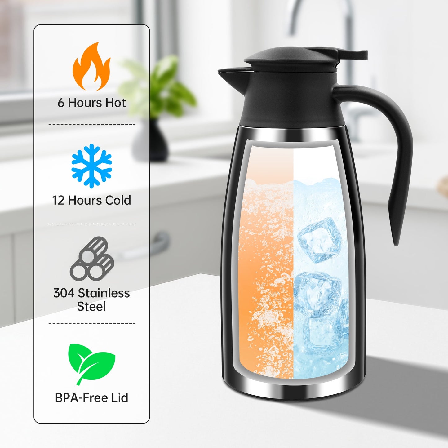 68oz Thermal Coffee Carafe, Stainless Steel Vacuum Insulated Coffee Thermos for Hot and Cold Beverage (Silver）