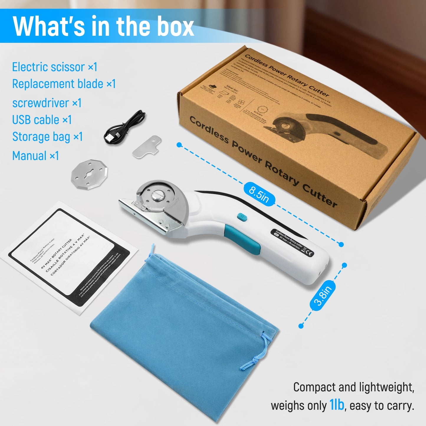 Tidymend Cordless Electric Scissors, 4V Rechargeable Cardboard Cutter with Tungsten Steel Replacement Blade, Rotary Cutter with Safety Lock for Fabric Carpet Leather Plastic Cutting (White)