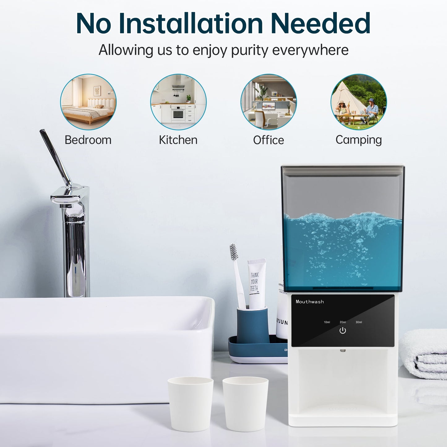 Sentryse 20oz Automatic Mouthwash Dispenser, 3 Dispensing Levels, Electric Mouth Wash Dispenser for Bathroom, 2 Magnetic Cups, Wall-Mounted＆Countertop Use