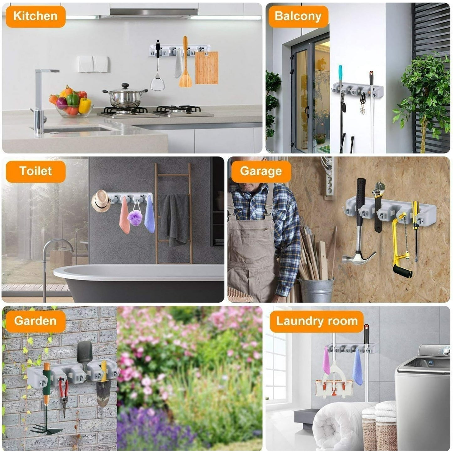 Sentryse Broom Holder Mop Hanger, Mop Holder Hanger 5 Position Home Kitchen Storage Broom Organizer Wall Mounted