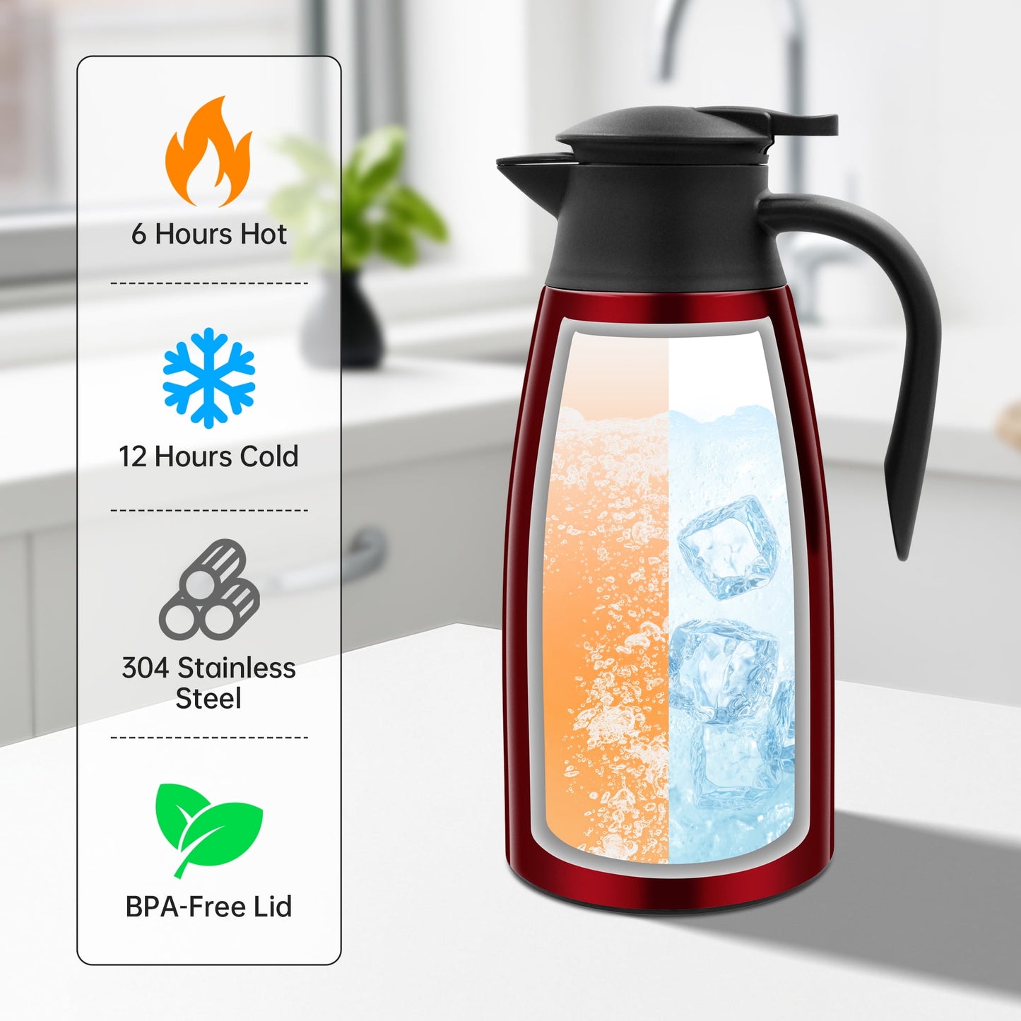 68oz Thermal Coffee Carafe, Stainless Steel Vacuum Insulated Coffee Thermos for Hot and Cold Beverage (Red）