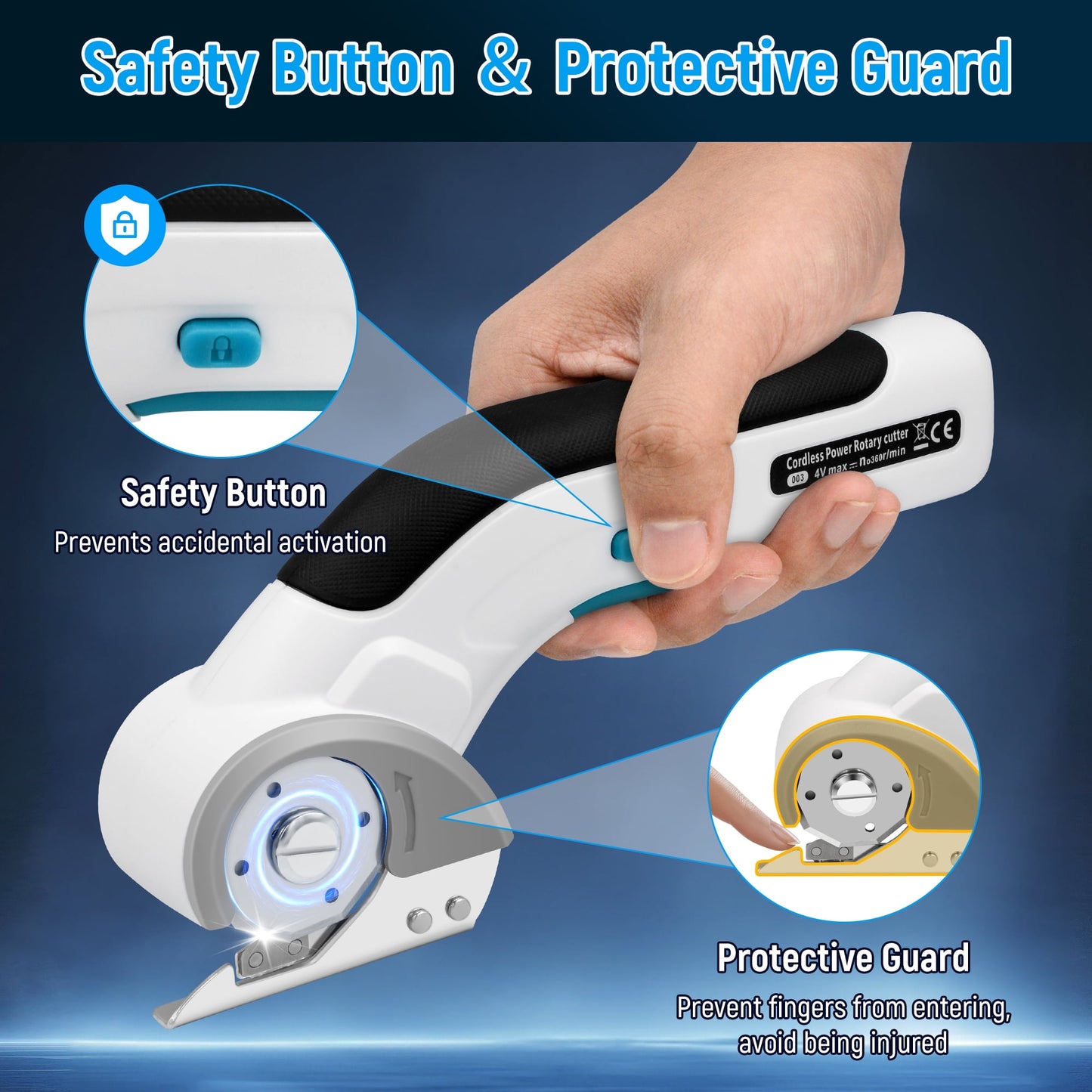 Tidymend Cordless Electric Scissors, 4V Rechargeable Cardboard Cutter with Tungsten Steel Replacement Blade, Rotary Cutter with Safety Lock for Fabric Carpet Leather Plastic Cutting (White)