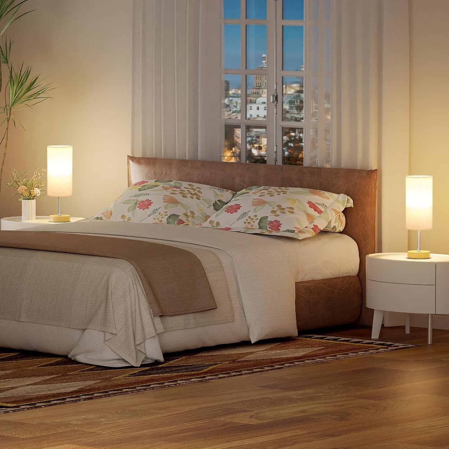 2-Piece Set Touch Table Lamp with USB Charging Station, 3 Way Dimmable Bedside Table Lamp, Wood Base, Round Linen Shade Desk Lamp for Bedroom Nightstand, Dorm, Living Room, Office (110-120V AC)