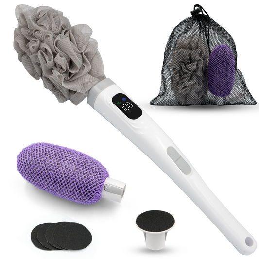 Sentryse Electric Back Scrubber for Shower, 3 in 1 Body Scrubber Loofah & African Net Sponge & Callus Remover, Long Handle & Waterproof Body Brush for Cleansing, Exfoliating