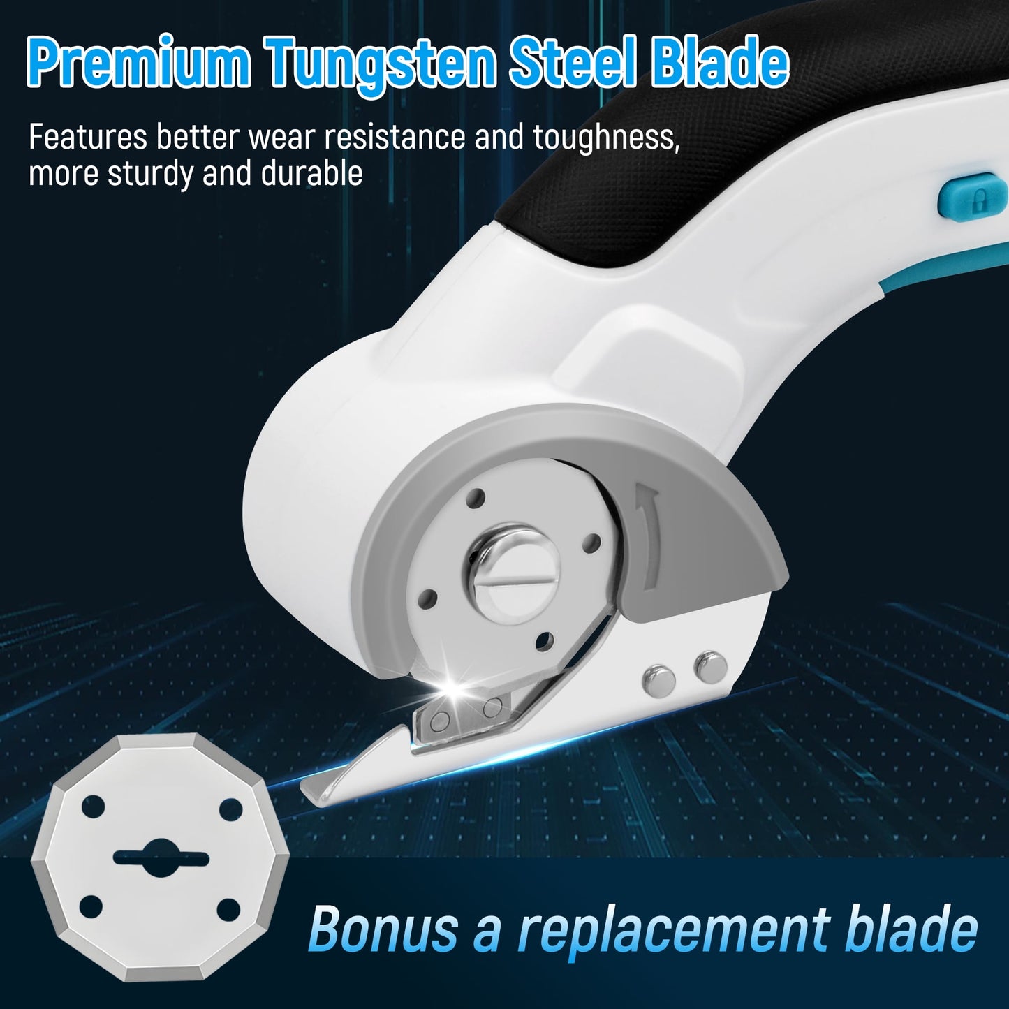 Tidymend Cordless Electric Scissors, 4V Rechargeable Cardboard Cutter with Tungsten Steel Replacement Blade, Rotary Cutter with Safety Lock for Fabric Carpet Leather Plastic Cutting (White)