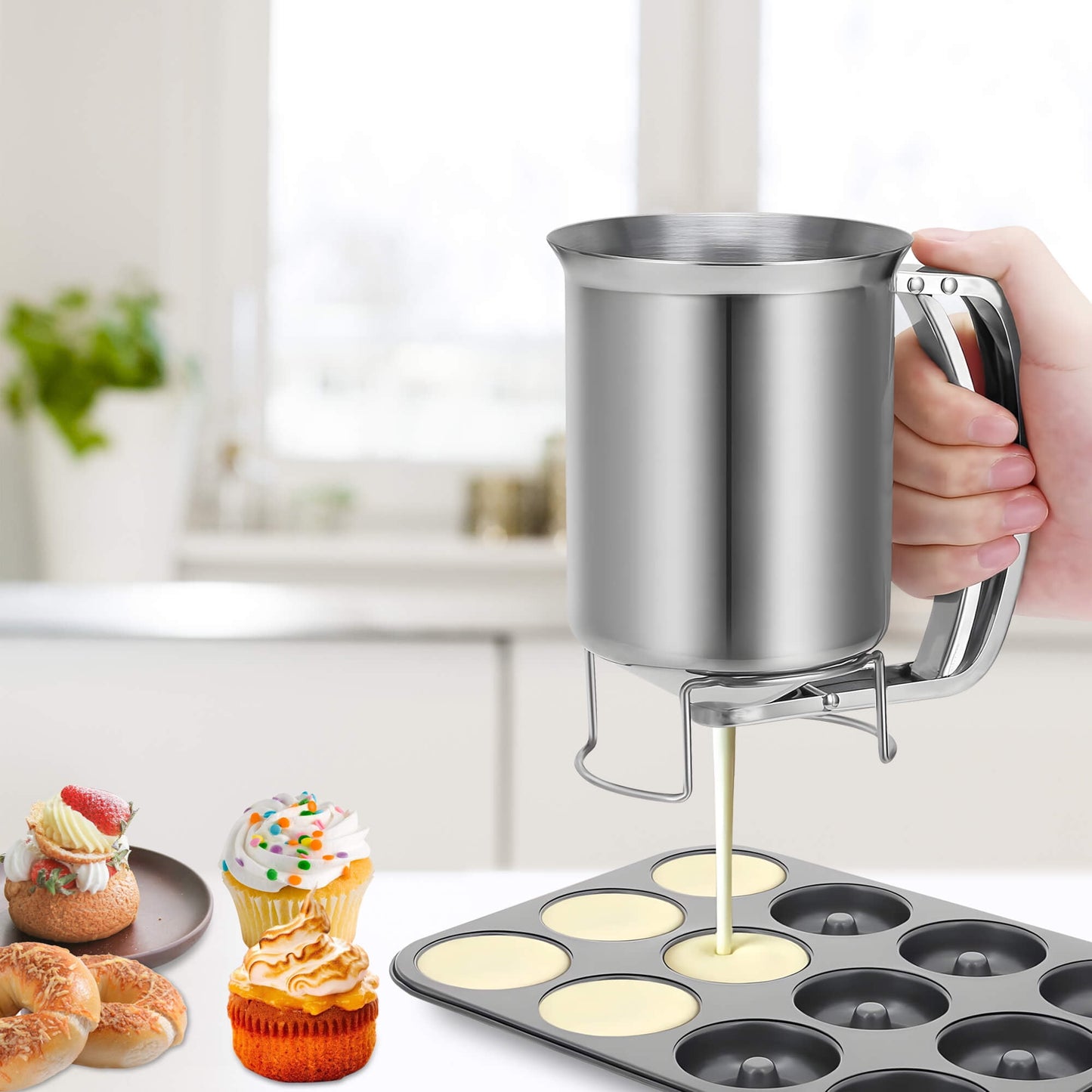Sentryse Pancake Batter Dispenser, Stainless Steel Handheld Batter Dispenser for Baking, Cupcakes, Muffins, Crepes, Waffles, 800ML/27oz