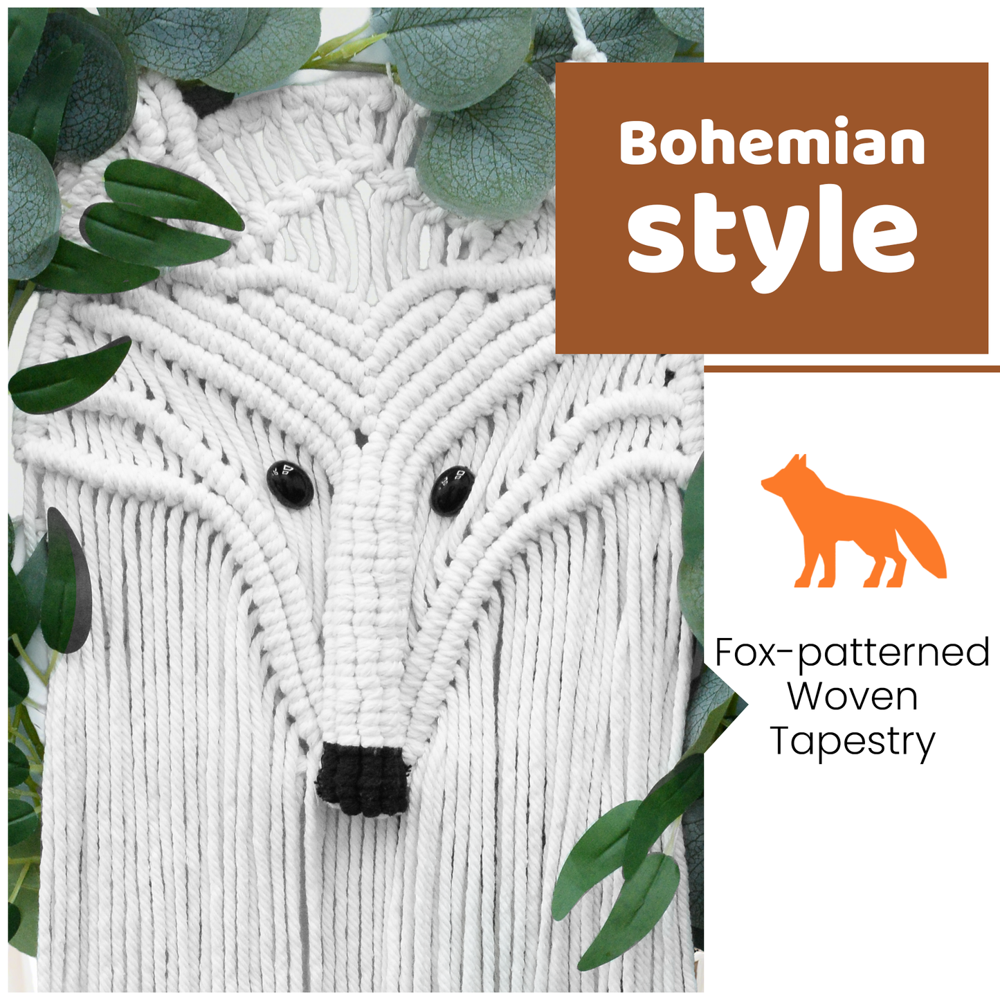 Bohemian Macrame Fox Wall Hanging - 100% Cotton Hand-Woven Tapestry with Leaf Accents, Perfect for Bedroom, Living Room, Hallway & Gallery Decor, 31×15 Inch, White