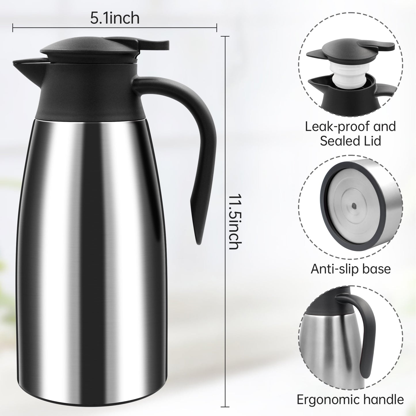 68oz Thermal Coffee Carafe, Stainless Steel Vacuum Insulated Coffee Thermos for Hot and Cold Beverage (Silver）