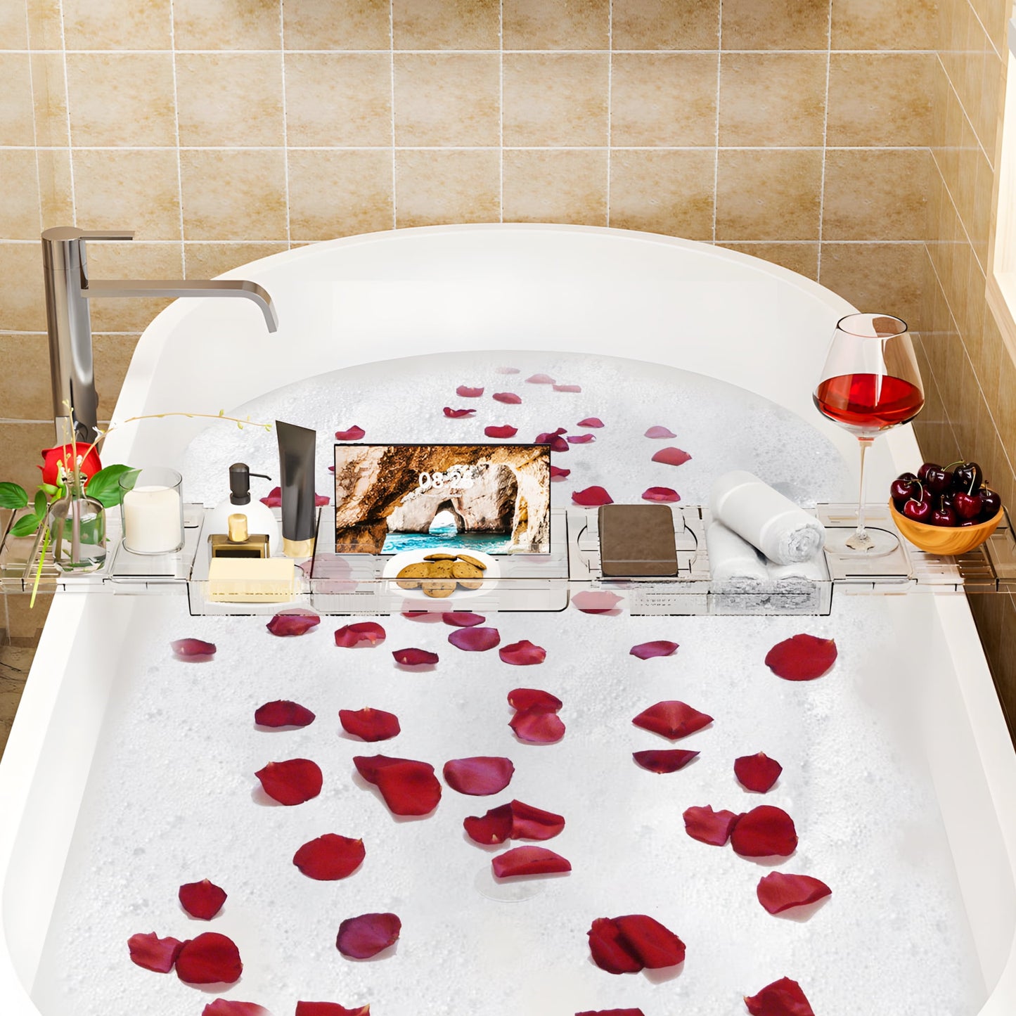Expandable Acrylic Bath Caddy, Bath Shelf for Bathtubs, Bath Tray with Tablet Holder & Wine Glass Slot - Perfect for Luxury Bathroom Spa Experience