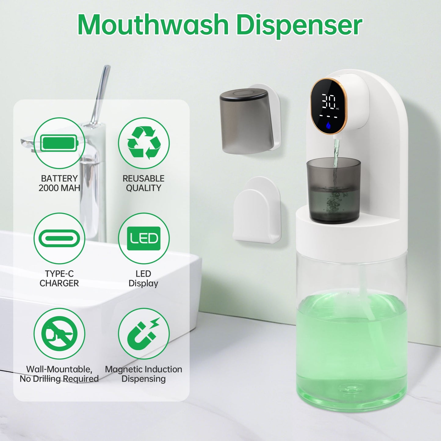 Sentryse Automatic Mouthwash Dispenser for Bathroom, 20oz /600ml Electric Mouthwash Dispenser with Magnetic Cups, 180-Day Battery life, 4 Dispensing Levels, Wall Mounted ＆ Countertop Use