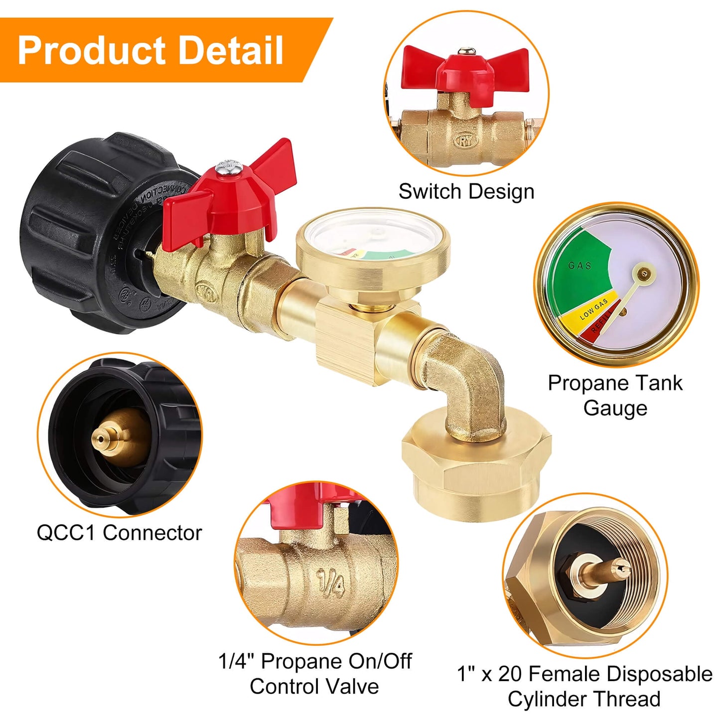 Sentryse Propane Refill Adapter with Valve and Gauge, Fill 1 lb Bottles from 20 lb Tank, Solid Brass
