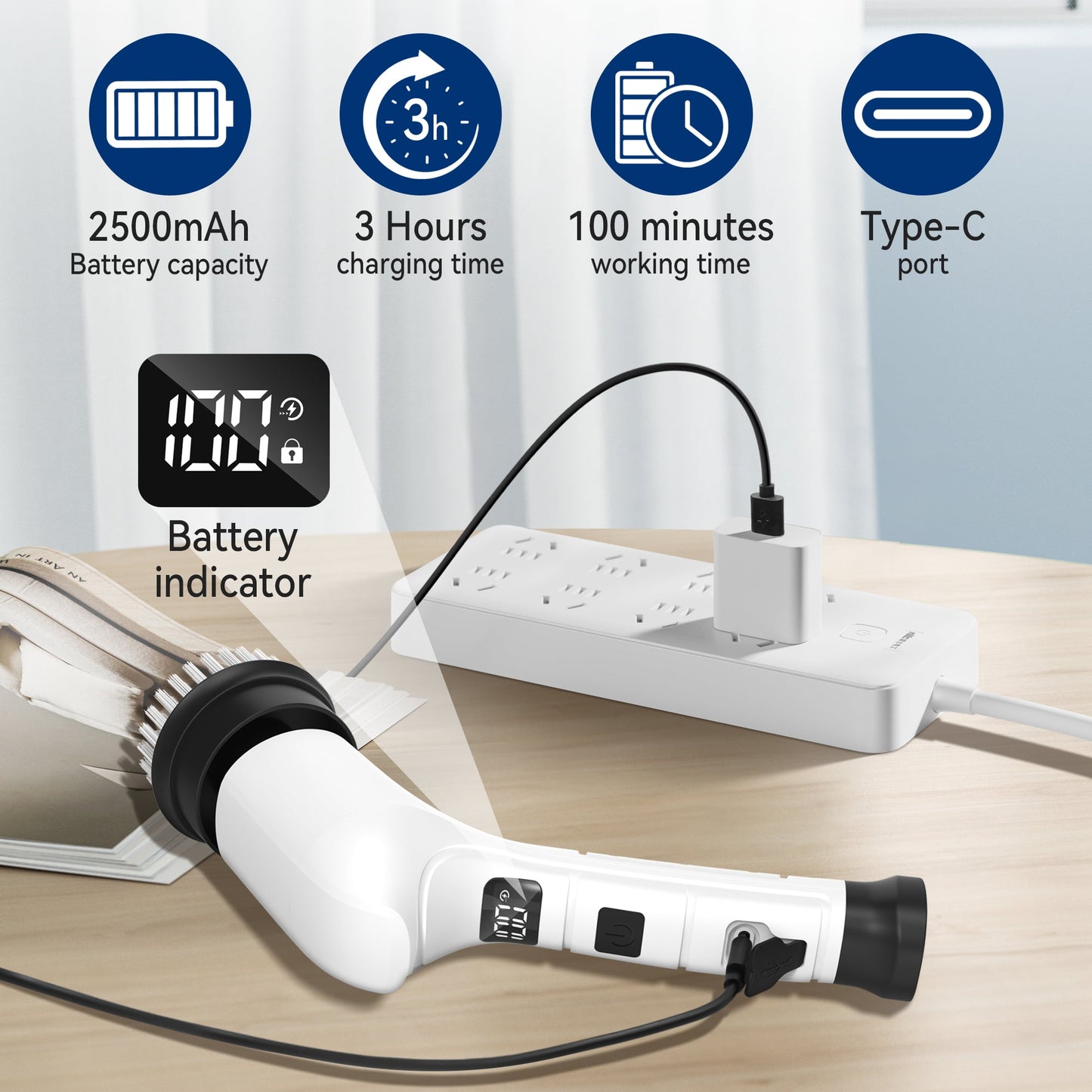 Lightweight Electric Spin Scrubber, Adjustable Handle, 3 Speed Mode Power Electric Scrubber for Cleaning, Cordless Shower Cleaning Brush with 8 Brush Heads for Bathroom, Tub, Floor, Tile (White)