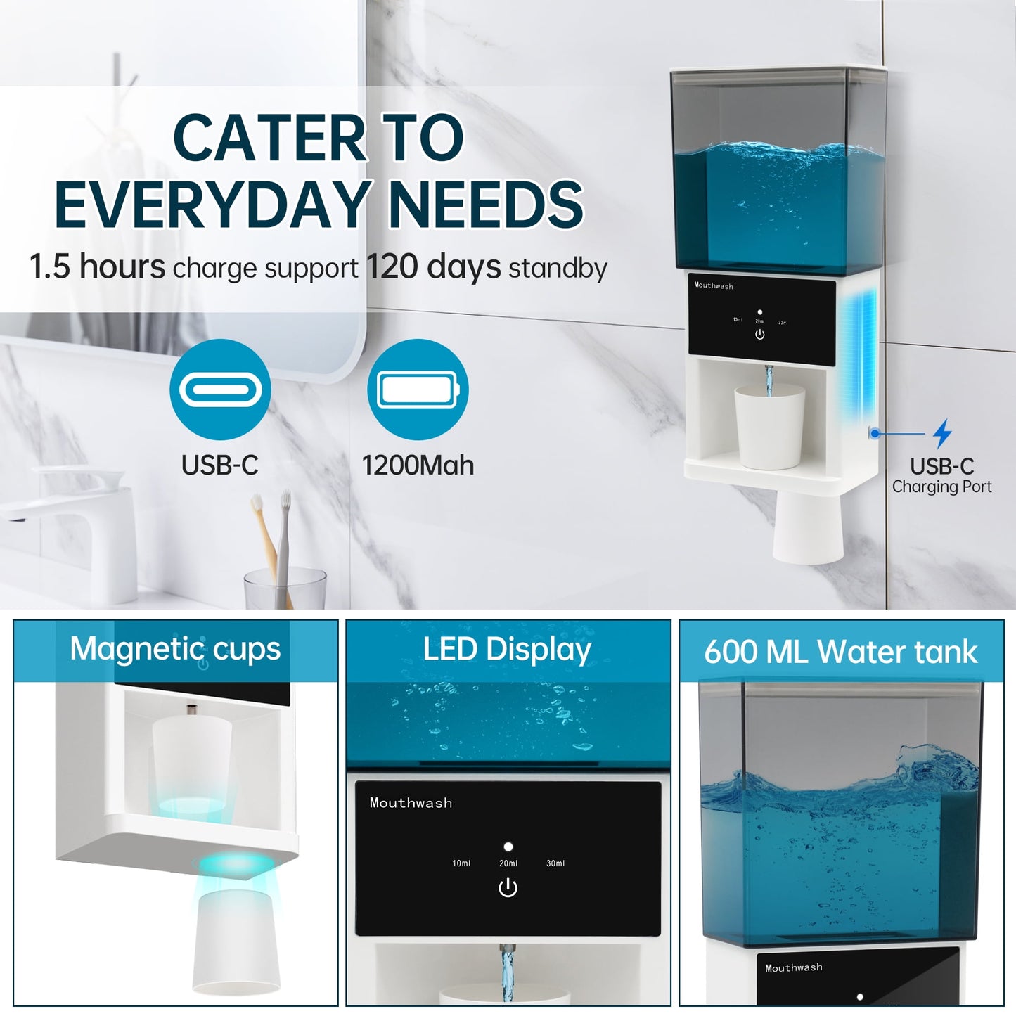 Sentryse 20oz Automatic Mouthwash Dispenser, 3 Dispensing Levels, Electric Mouth Wash Dispenser for Bathroom, 2 Magnetic Cups, Wall-Mounted＆Countertop Use