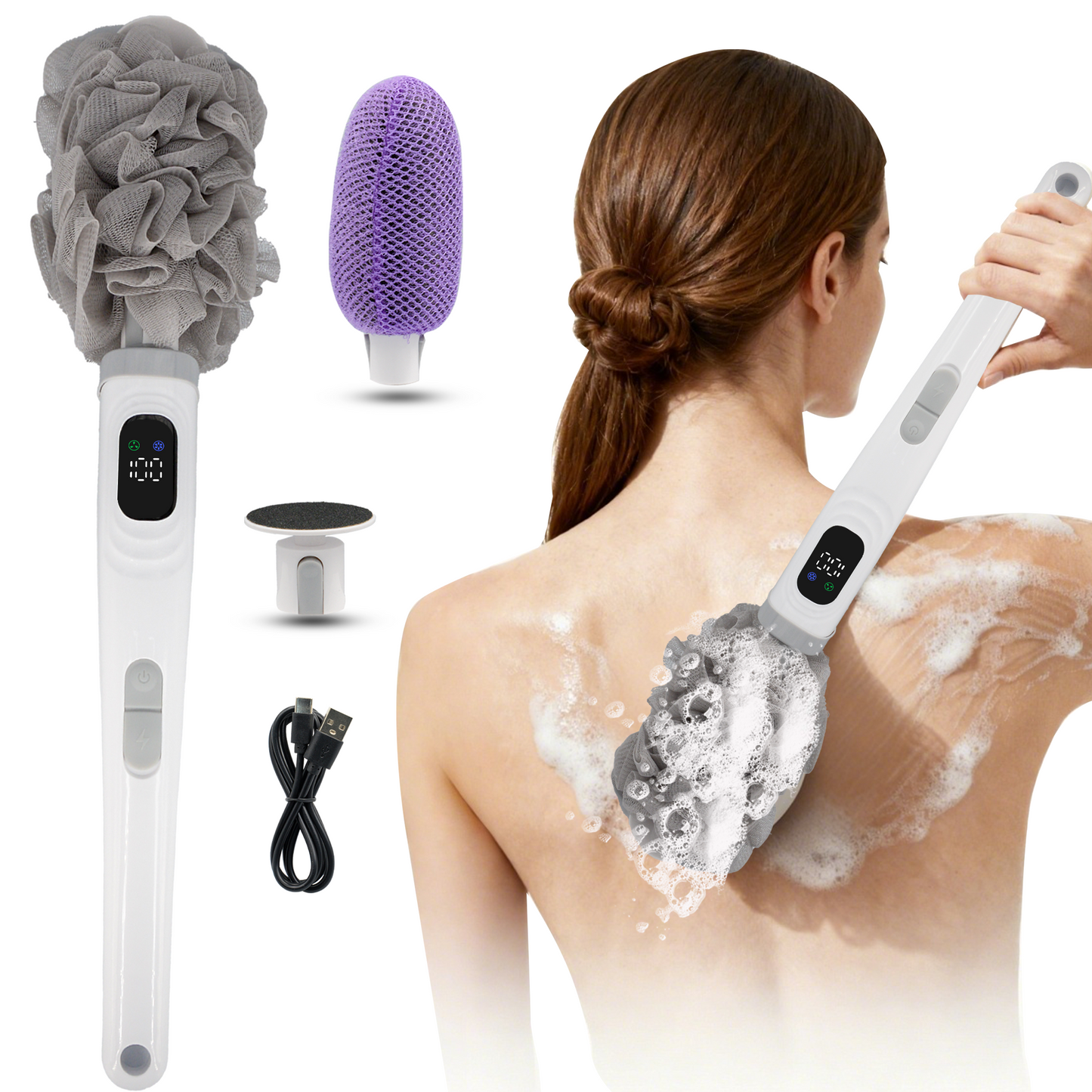 Sentryse Electric Back Scrubber for Shower, 3 in 1 Body Scrubber Loofah & African Net Sponge & Callus Remover, Long Handle & Waterproof Body Brush for Cleansing, Exfoliating