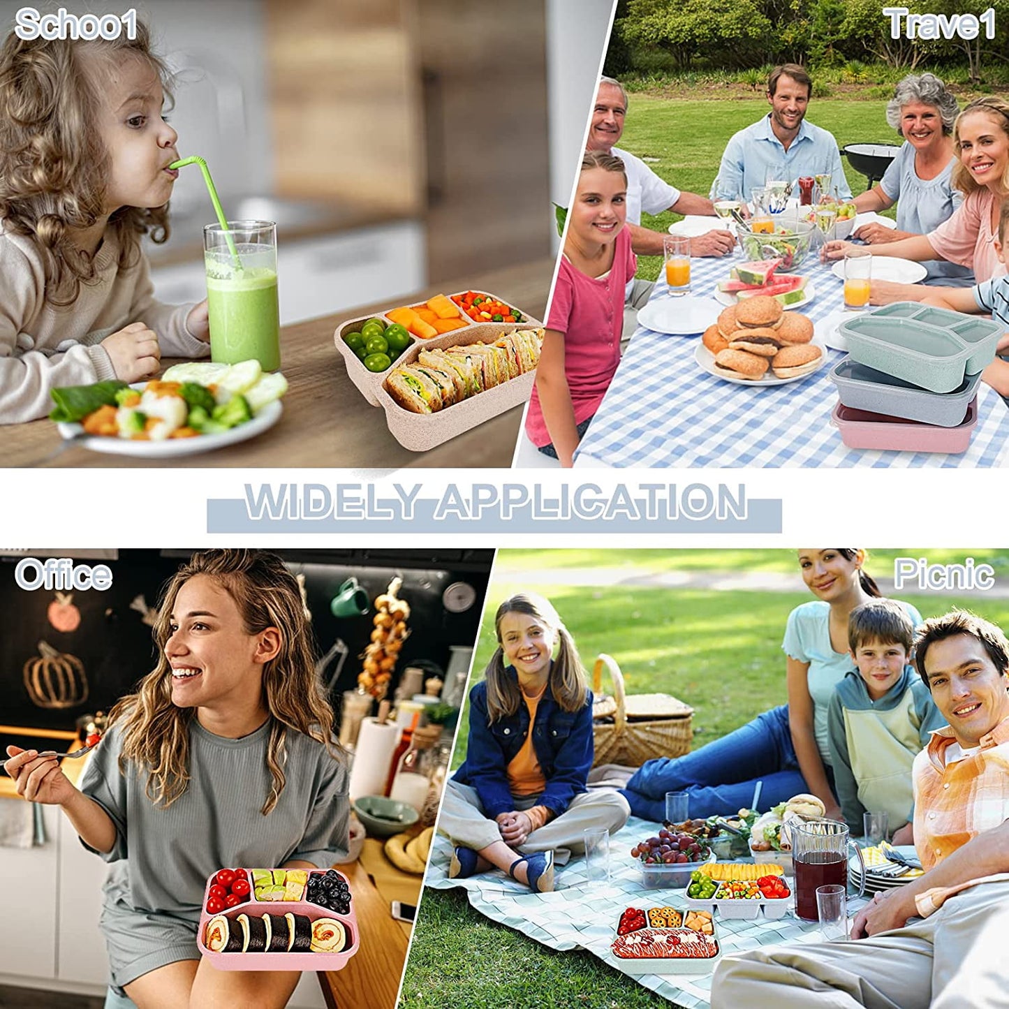 Bento Lunch Boxes, 4Pcs Reusable Bento Box with 4-Compartment for Meal Prep,Snack Containers with Lid, Microwave Dishwasher Safe (4-Color)