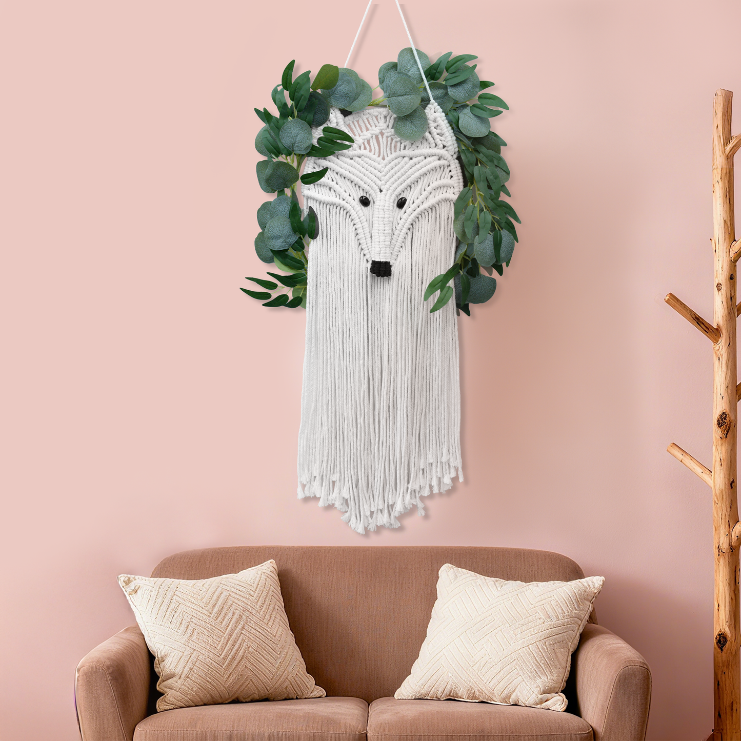 Bohemian Macrame Fox Wall Hanging - 100% Cotton Hand-Woven Tapestry with Leaf Accents, Perfect for Bedroom, Living Room, Hallway & Gallery Decor, 31×15 Inch, White