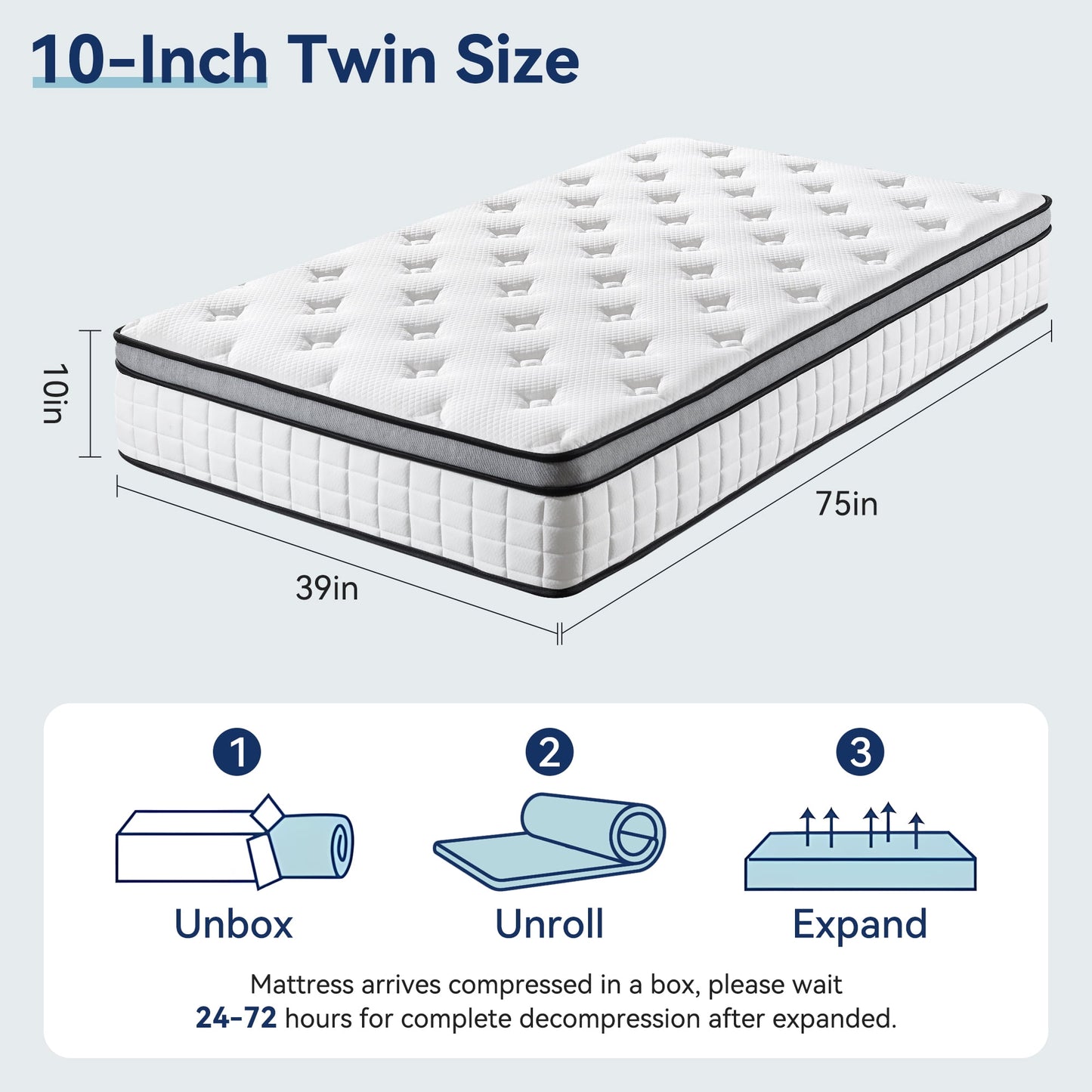 10" Twin Mattress, Euro Top Foam & Pocket Spring Hybrid Mattress in a Box, Plush Comfort, Pressure Relief and Motion Isolation