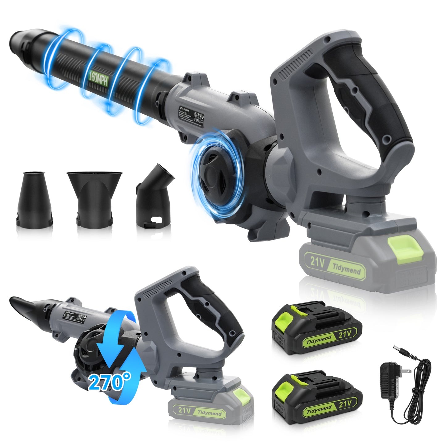 Tidymend 20V Cordless Leaf Blower with Battery and Charger,  Lightweight Electric Leaf Blower for Lawn Care, Includes 2x 2.0Ah Batteries, 3 Blowing Nozzles