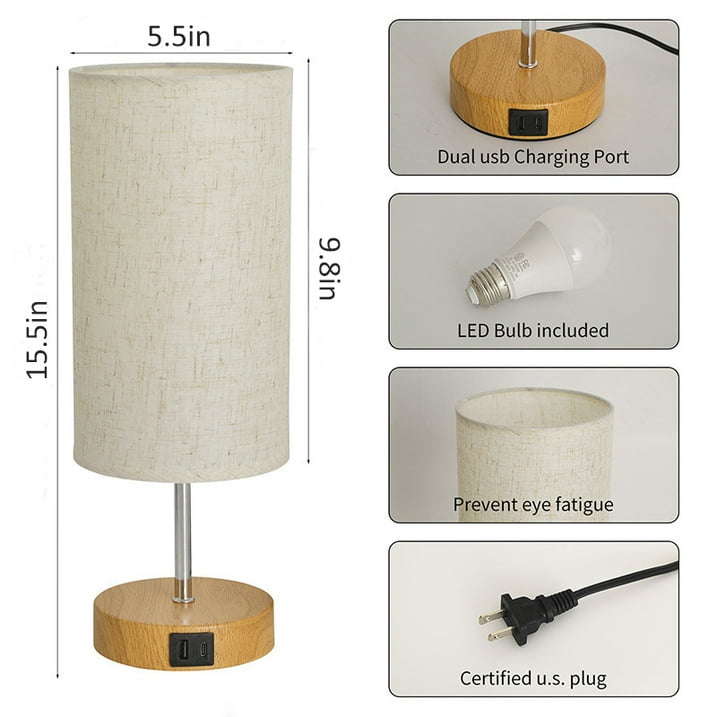 2-Piece Set Touch Table Lamp with USB Charging Station, 3 Way Dimmable Bedside Table Lamp, Wood Base, Round Linen Shade Desk Lamp for Bedroom Nightstand, Dorm, Living Room, Office (110-120V AC)