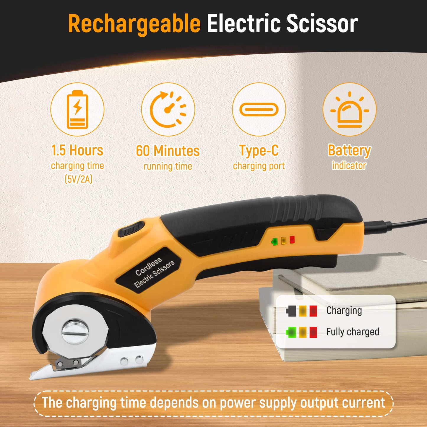 Cordless Electric Scissors, 4V Rechargeable Cardboard Cutter with LED Light ＆ Replacement Blade, Rotary Cutter with Safety Lock for Fabric Carpet Leather Plastic Cutting (Yellow)