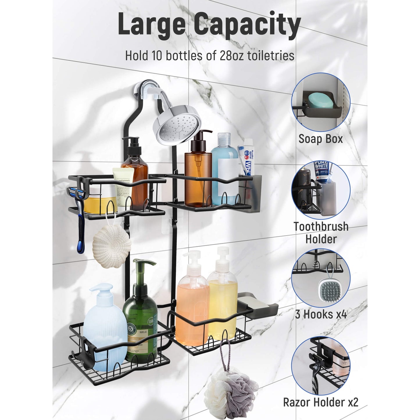 Sentryse Shower Caddy Hanging, Never Rust Shower Organizer, Over The Head Caddy with Hooks, Soap Holder, Toothbrush Holder, Razor Holder, No Drilling, Black