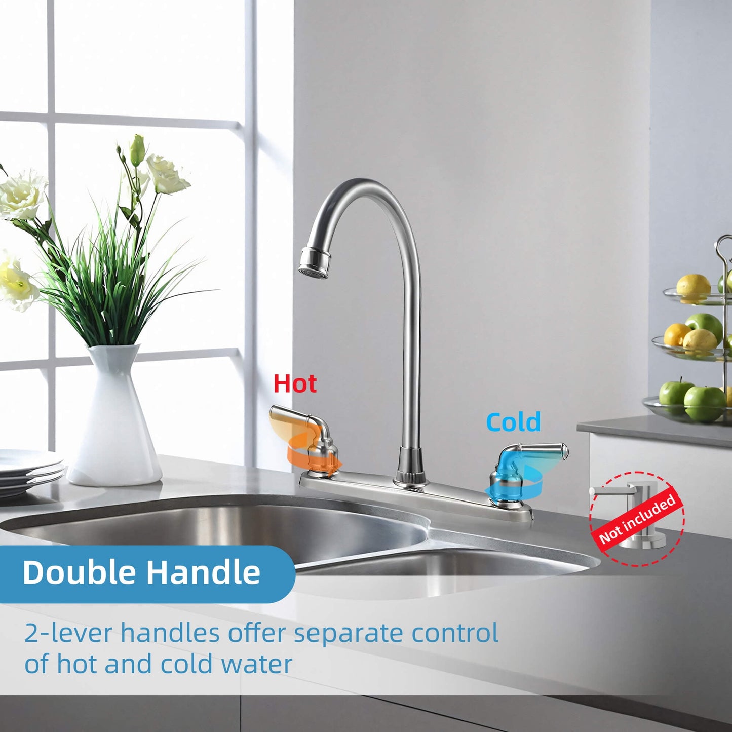 Sentryse 2 Handle Kitchen Sink Faucet, High Arc 360 Swivel Stainless Steel Pipe 3 Hole Kitchen Faucet for RV Laundry Farmhouse Bar Sink, Silver