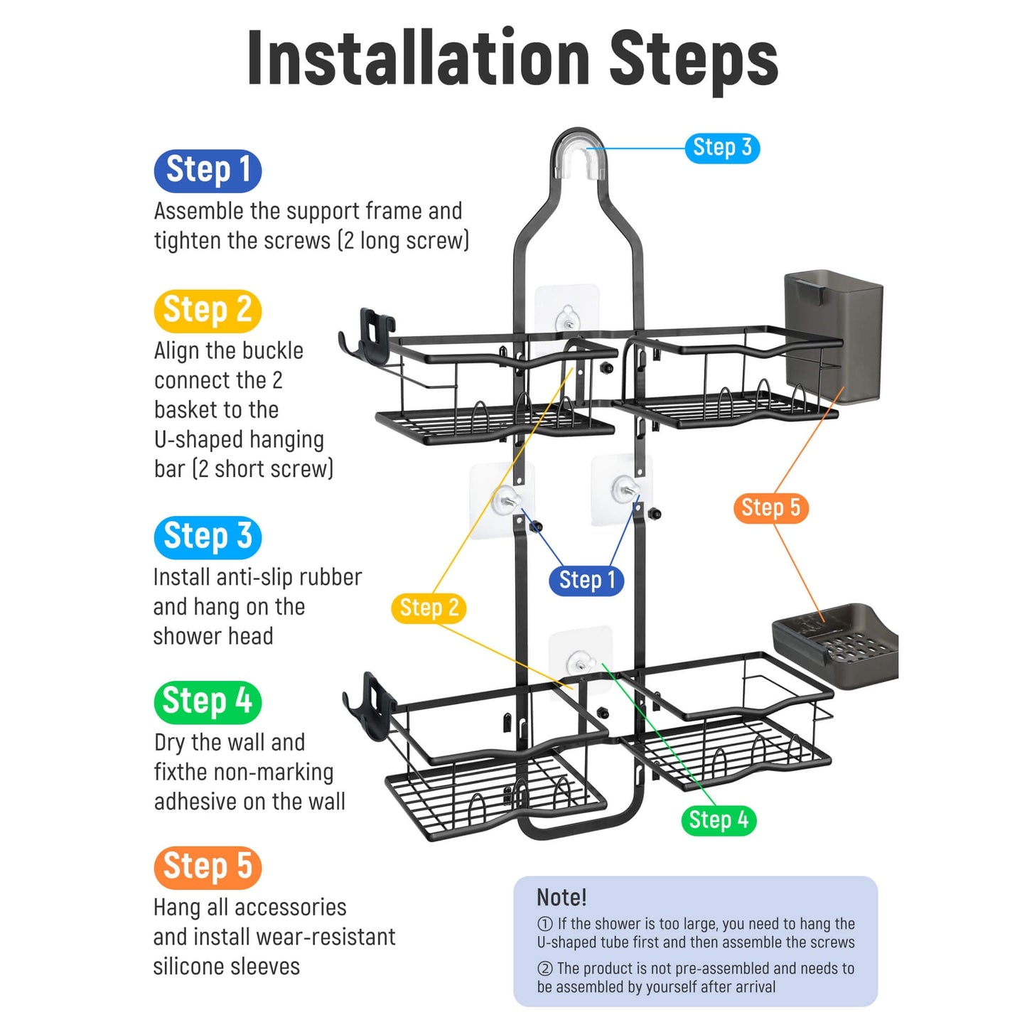 Sentryse Shower Caddy Hanging, Never Rust Shower Organizer, Over The Head Caddy with Hooks, Soap Holder, Toothbrush Holder, Razor Holder, No Drilling, Black