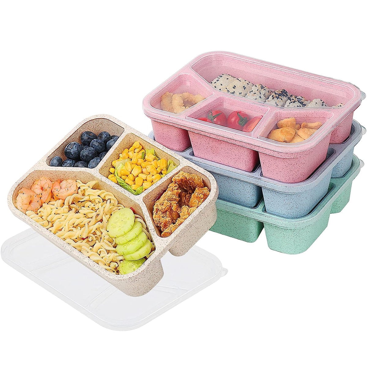 Bento Lunch Boxes, 4Pcs Reusable Bento Box with 4-Compartment for Meal Prep,Snack Containers with Lid, Microwave Dishwasher Safe (4-Color)