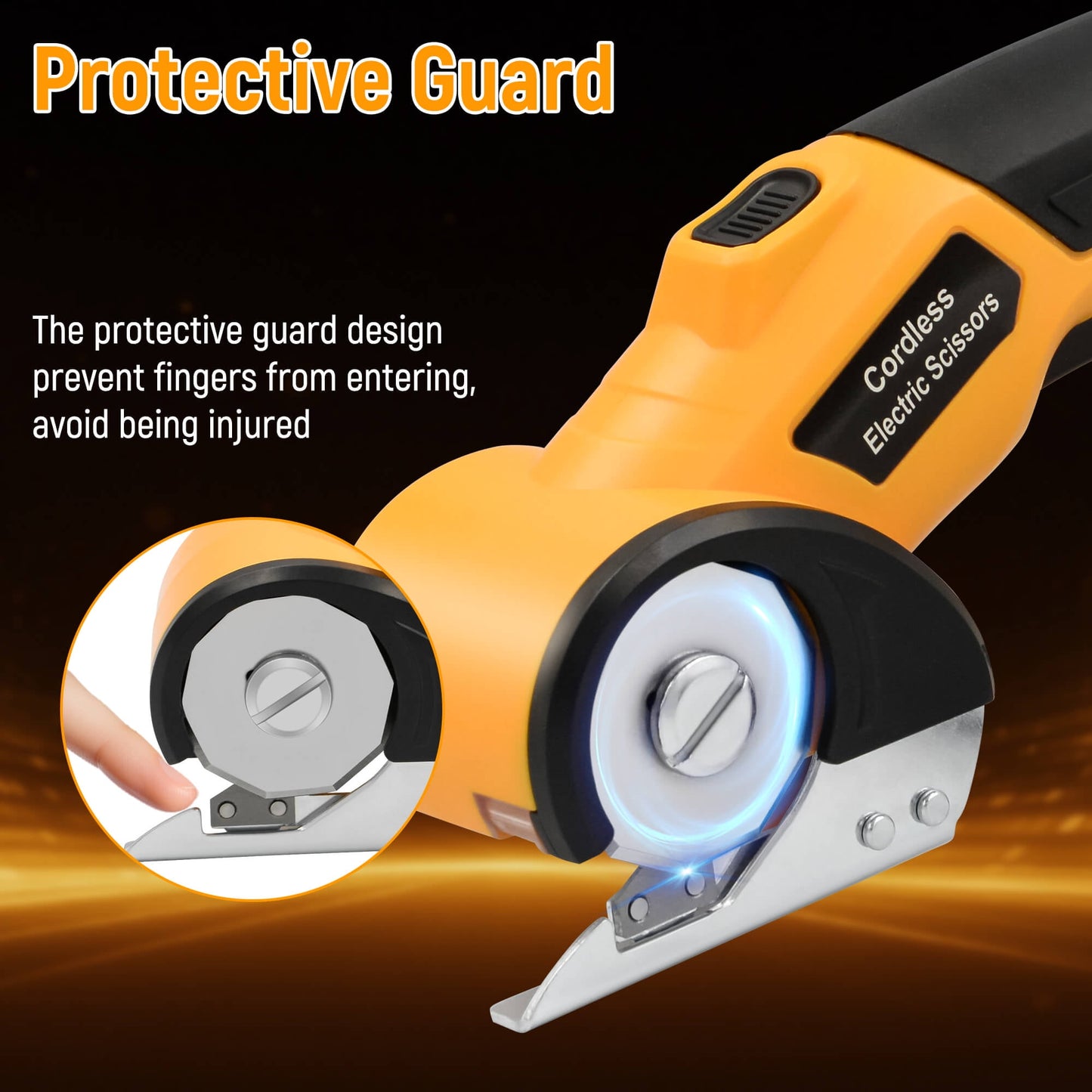 Cordless Electric Scissors, 4V Rechargeable Cardboard Cutter with LED Light ＆ Replacement Blade, Rotary Cutter with Safety Lock for Fabric Carpet Leather Plastic Cutting (Yellow)