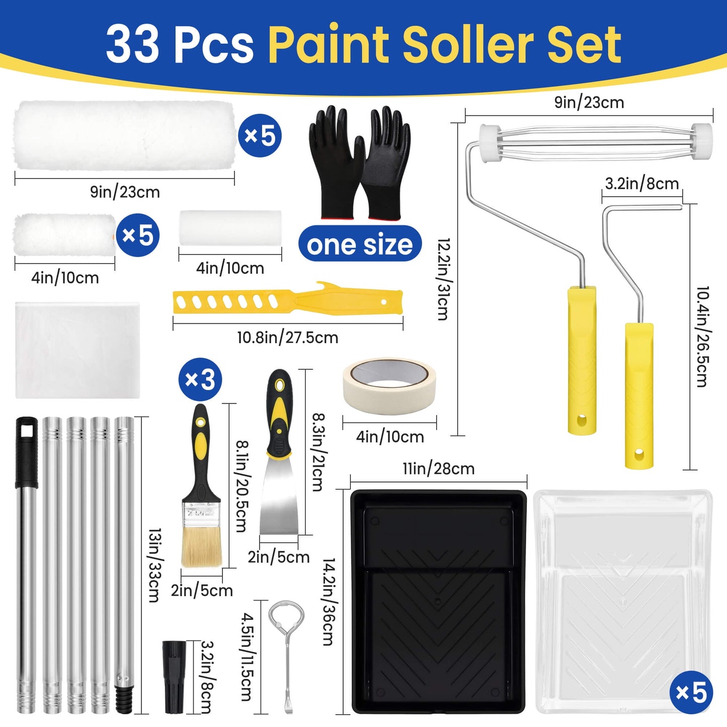 Sentryse Paint Roller Kit, 33 Pcs Paint Rollers with Extension Pole, Roller Paint Brush for Painting Walls