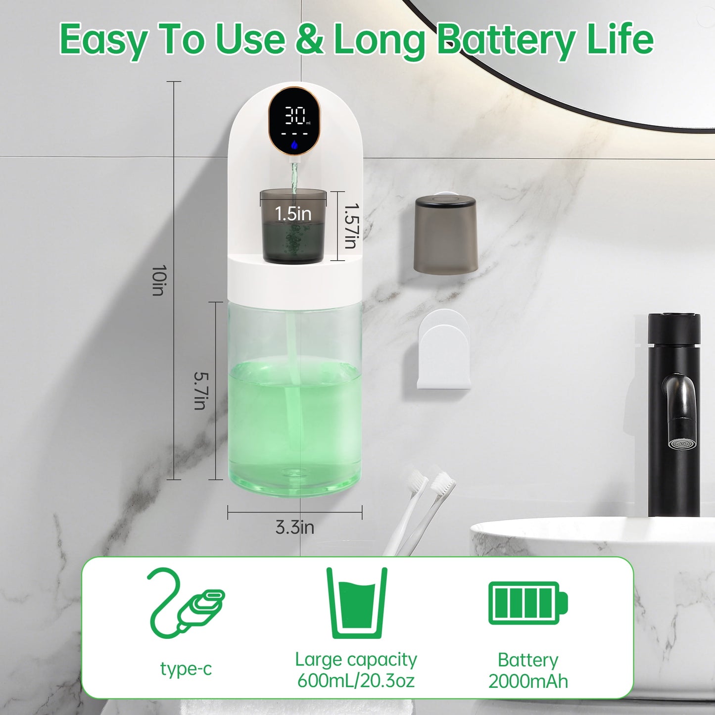 Sentryse Automatic Mouthwash Dispenser for Bathroom, 20oz /600ml Electric Mouthwash Dispenser with Magnetic Cups, 180-Day Battery life, 4 Dispensing Levels, Wall Mounted ＆ Countertop Use