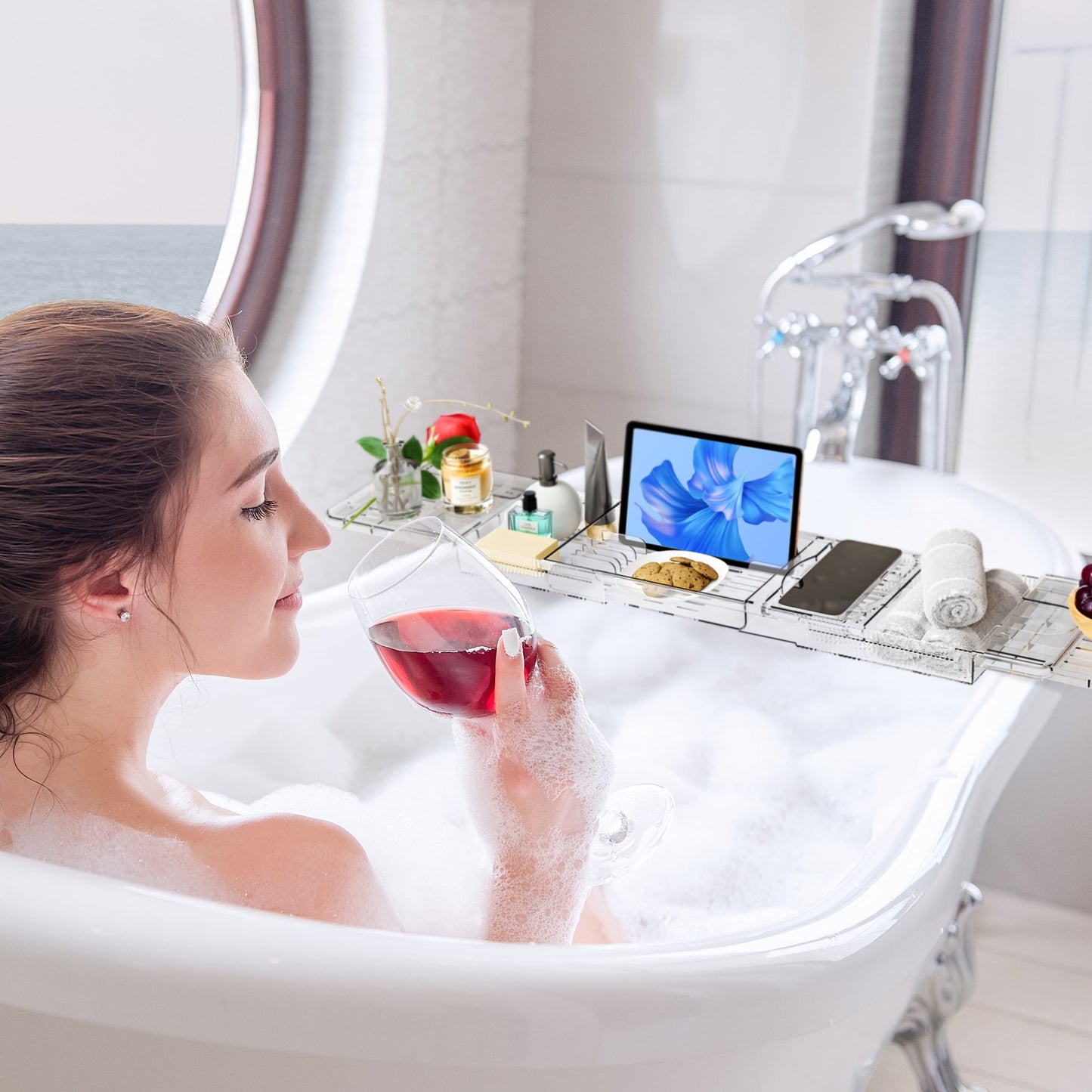 Expandable Acrylic Bath Caddy, Bath Shelf for Bathtubs, Bath Tray with Tablet Holder & Wine Glass Slot - Perfect for Luxury Bathroom Spa Experience