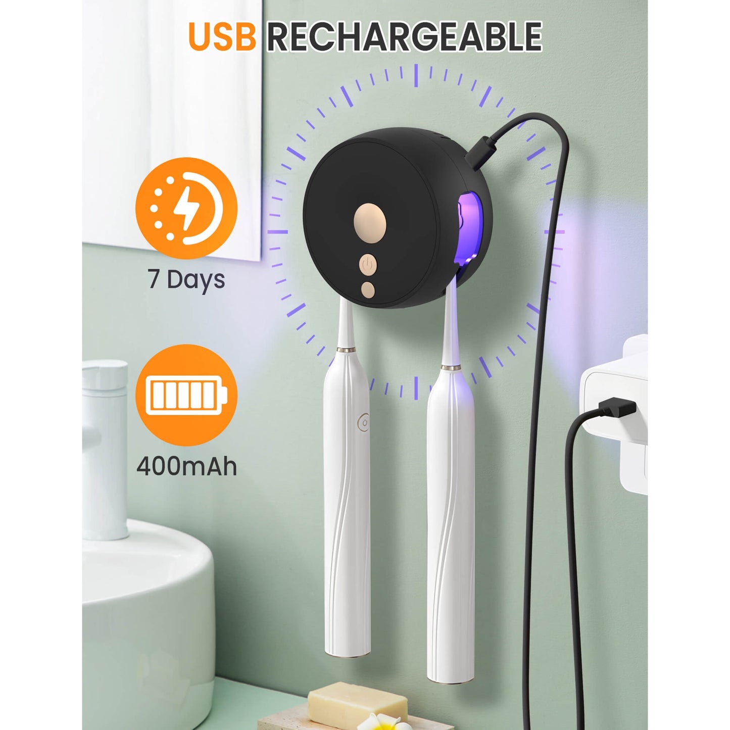 Sentryse Toothbrush Holder, Electric UV Toothbrush Cleaner, 2 Cups Tooth Brush Holder Wall Mounted Bathroom Decor, Black