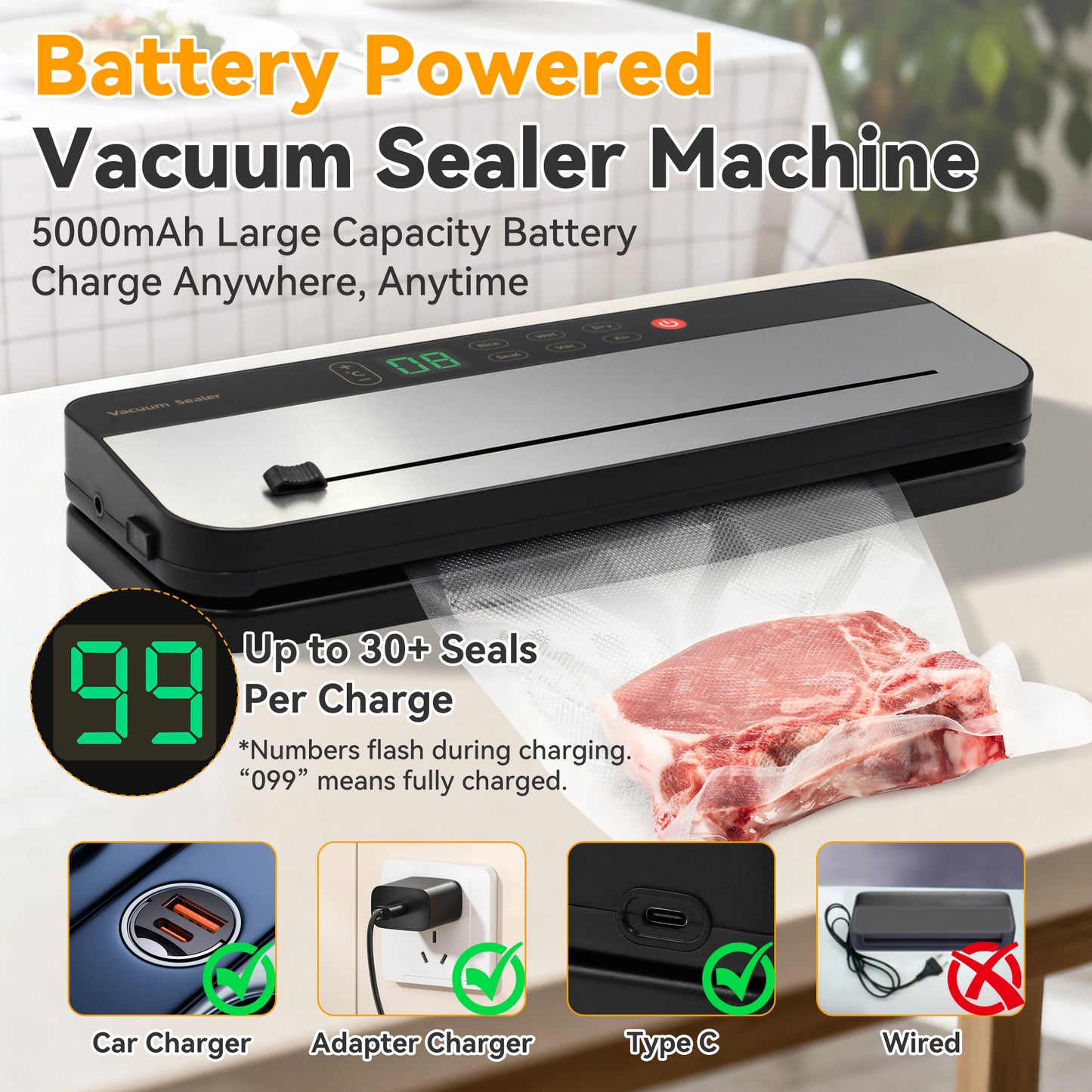 Sentryse Cordless Vacuum Sealer Machine, 75Kpa Powerful Food Saver Vacuum Sealer for Kitchen & Outdoor, Rechargeable Portable Food Sealer with Dry/Moist Modes, Built-in Cutter & 30 Vacuum Bags